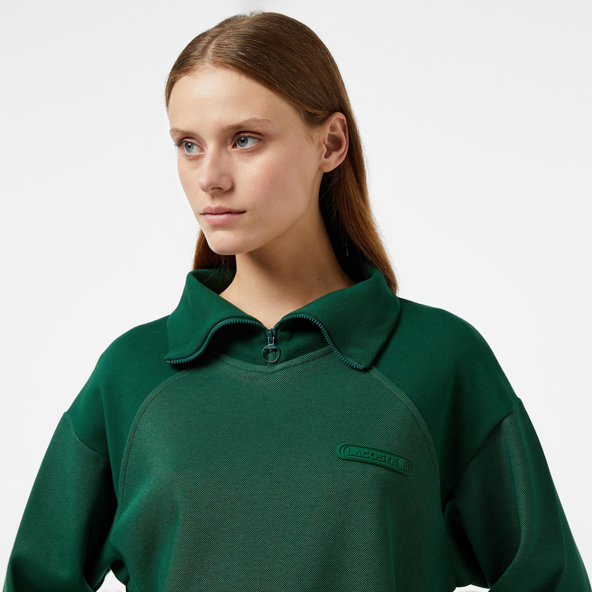 Kadın Regular Fit Fermuarlı Dik Yaka Koyu Yeşil Sweatshirt