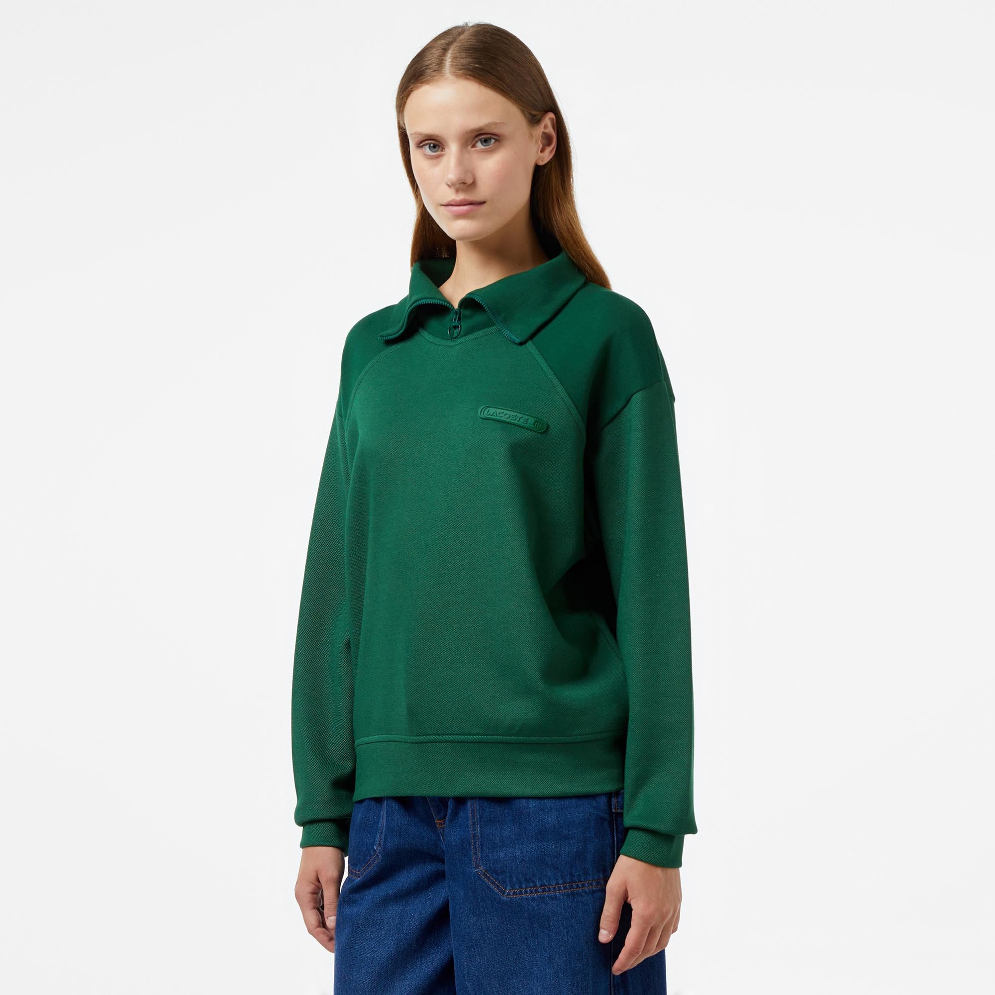 Kadın Regular Fit Fermuarlı Dik Yaka Koyu Yeşil Sweatshirt