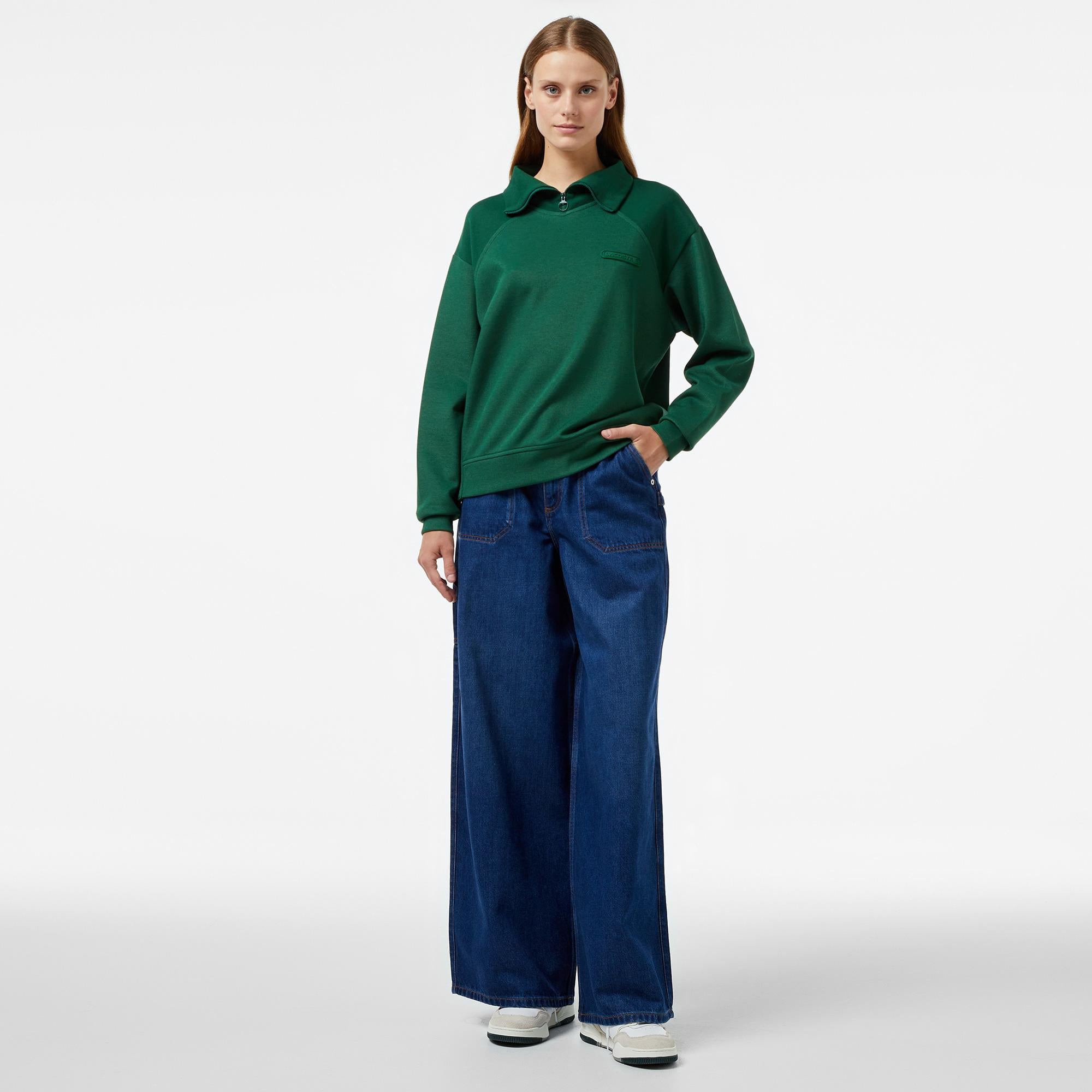 Kadın Regular Fit Fermuarlı Dik Yaka Koyu Yeşil Sweatshirt