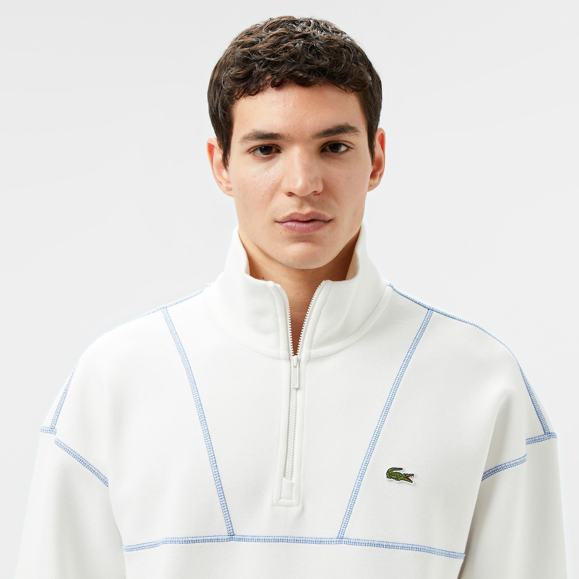 Erkek Relaxed Fit Yarım Fermuarlı Renk Bloklu Beyaz Sweatshirt
