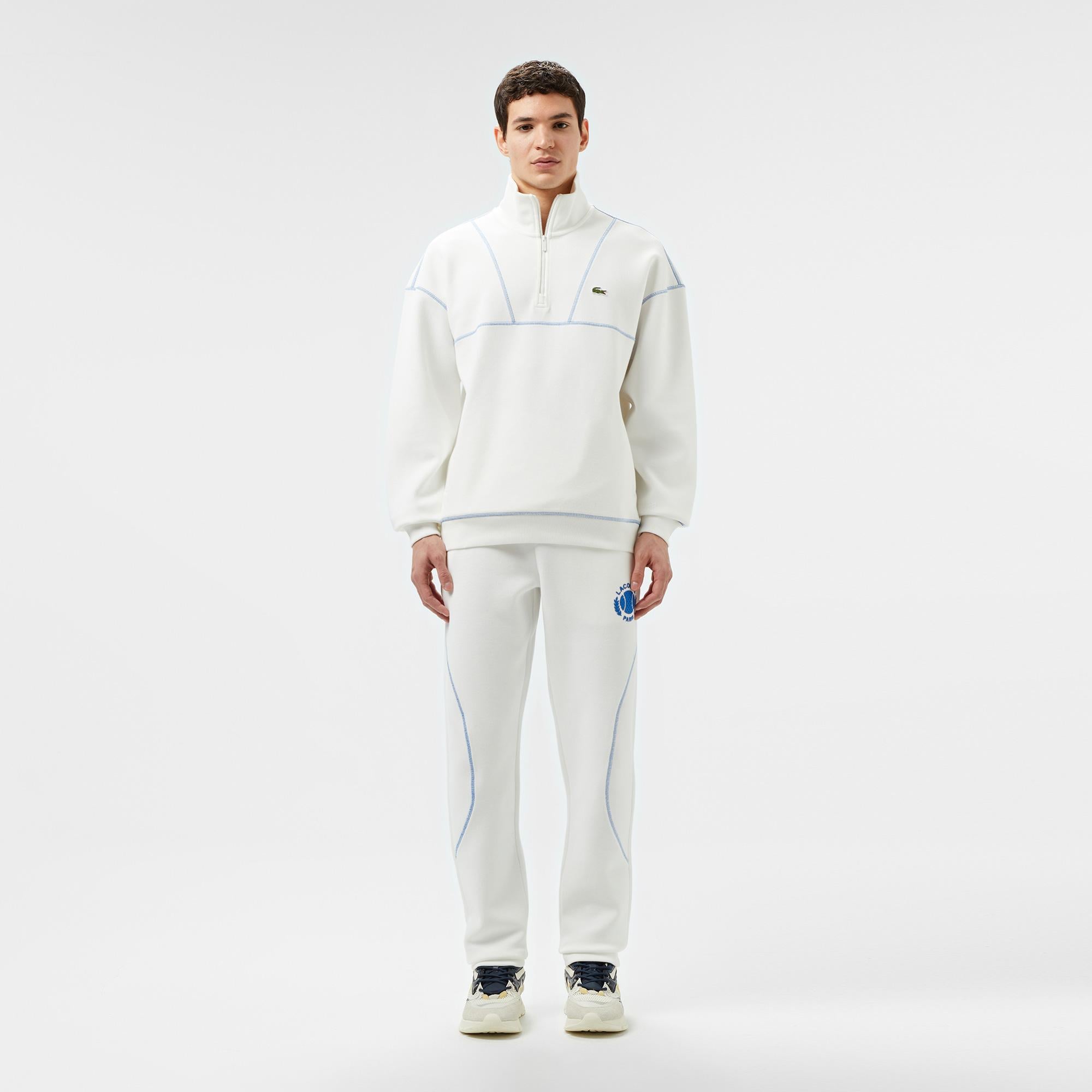 Erkek Relaxed Fit Yarım Fermuarlı Renk Bloklu Beyaz Sweatshirt