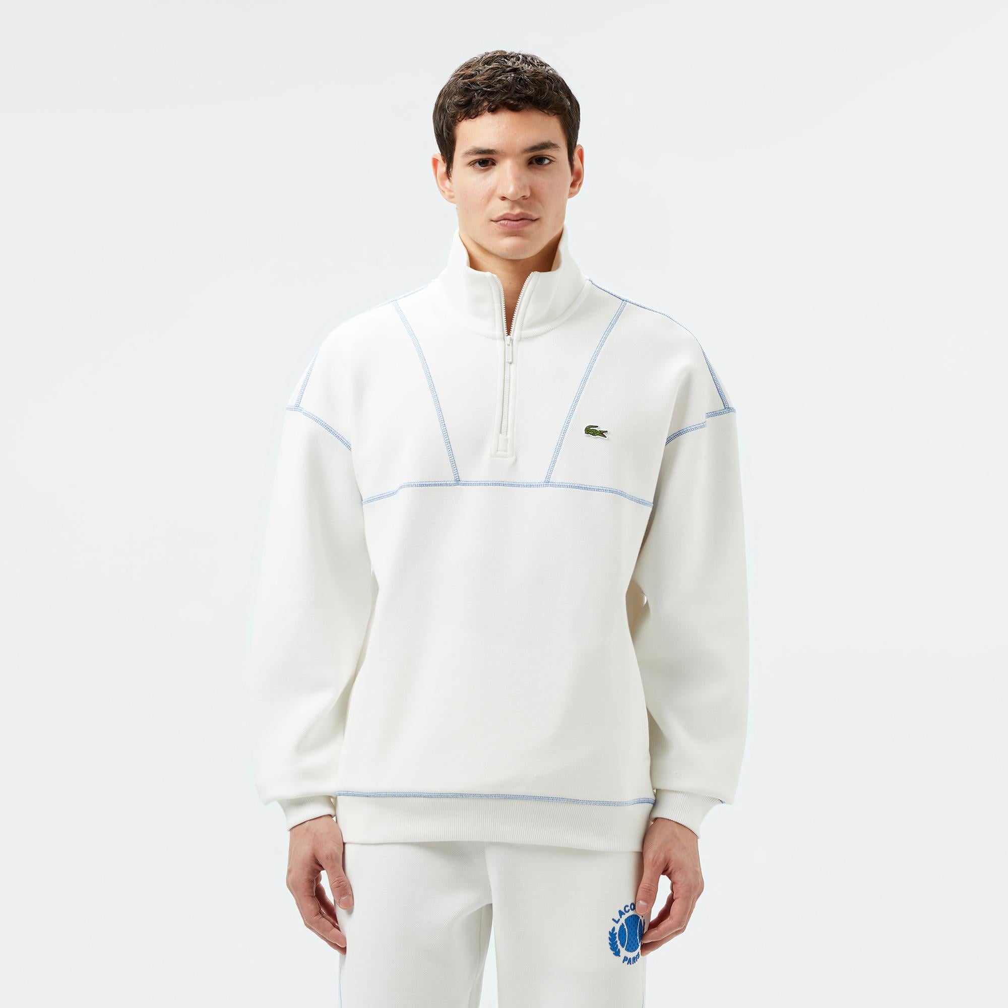 Erkek Relaxed Fit Yarım Fermuarlı Renk Bloklu Beyaz Sweatshirt