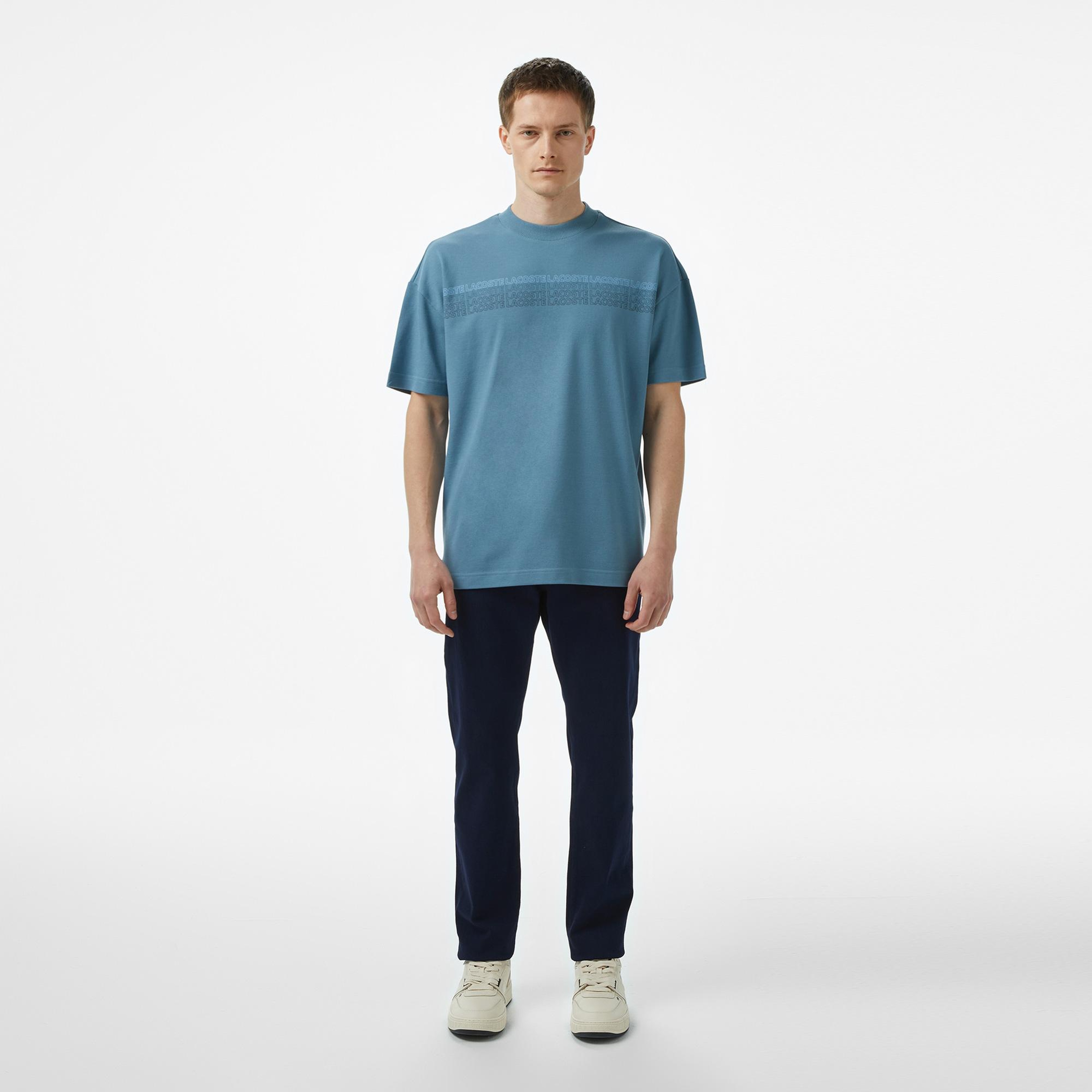 Erkek Oversize Fit Bisiklet Yaka Baskılı Mavi T-Shirt
