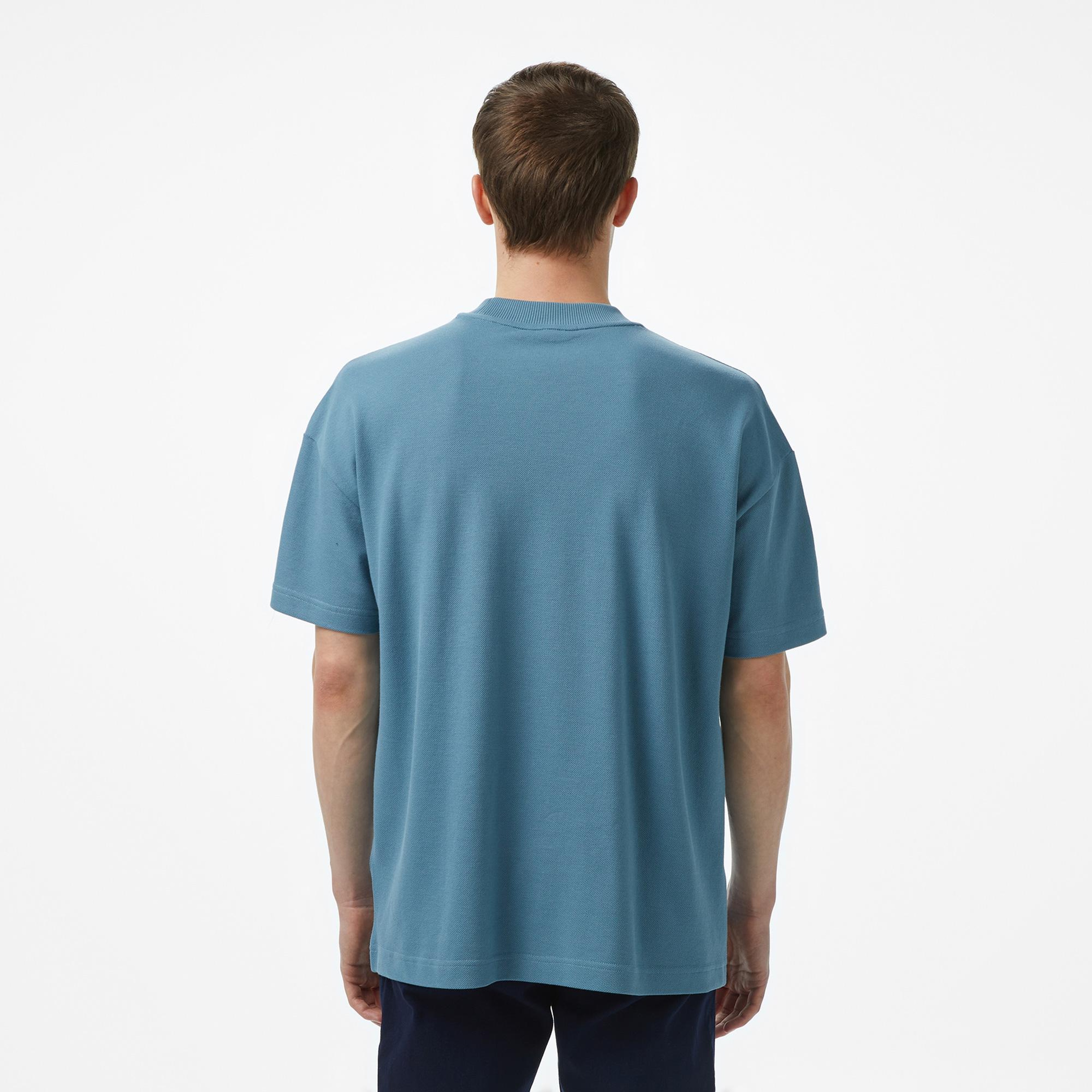 Erkek Oversize Fit Bisiklet Yaka Baskılı Mavi T-Shirt