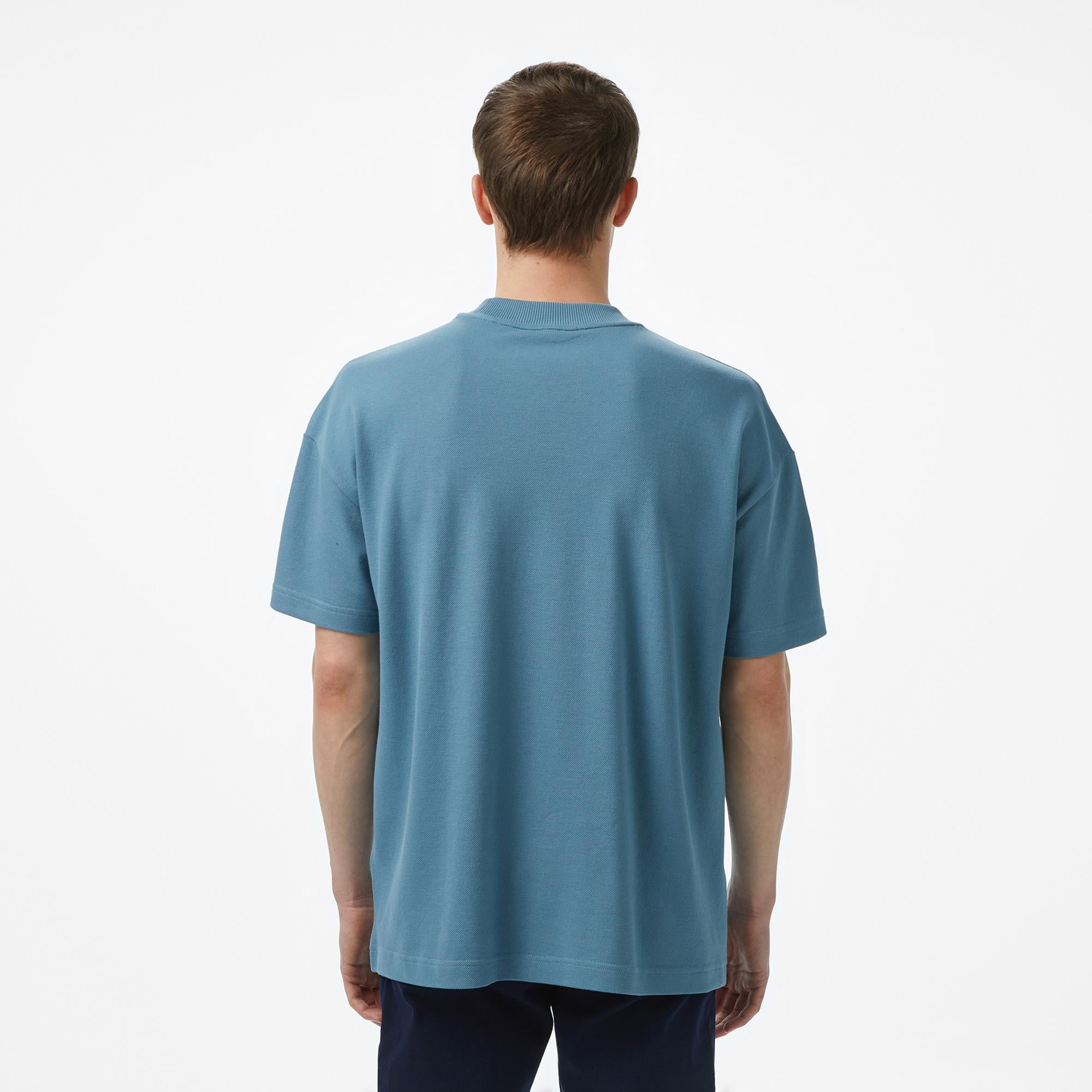 Erkek Oversize Fit Bisiklet Yaka Baskılı Mavi T-Shirt