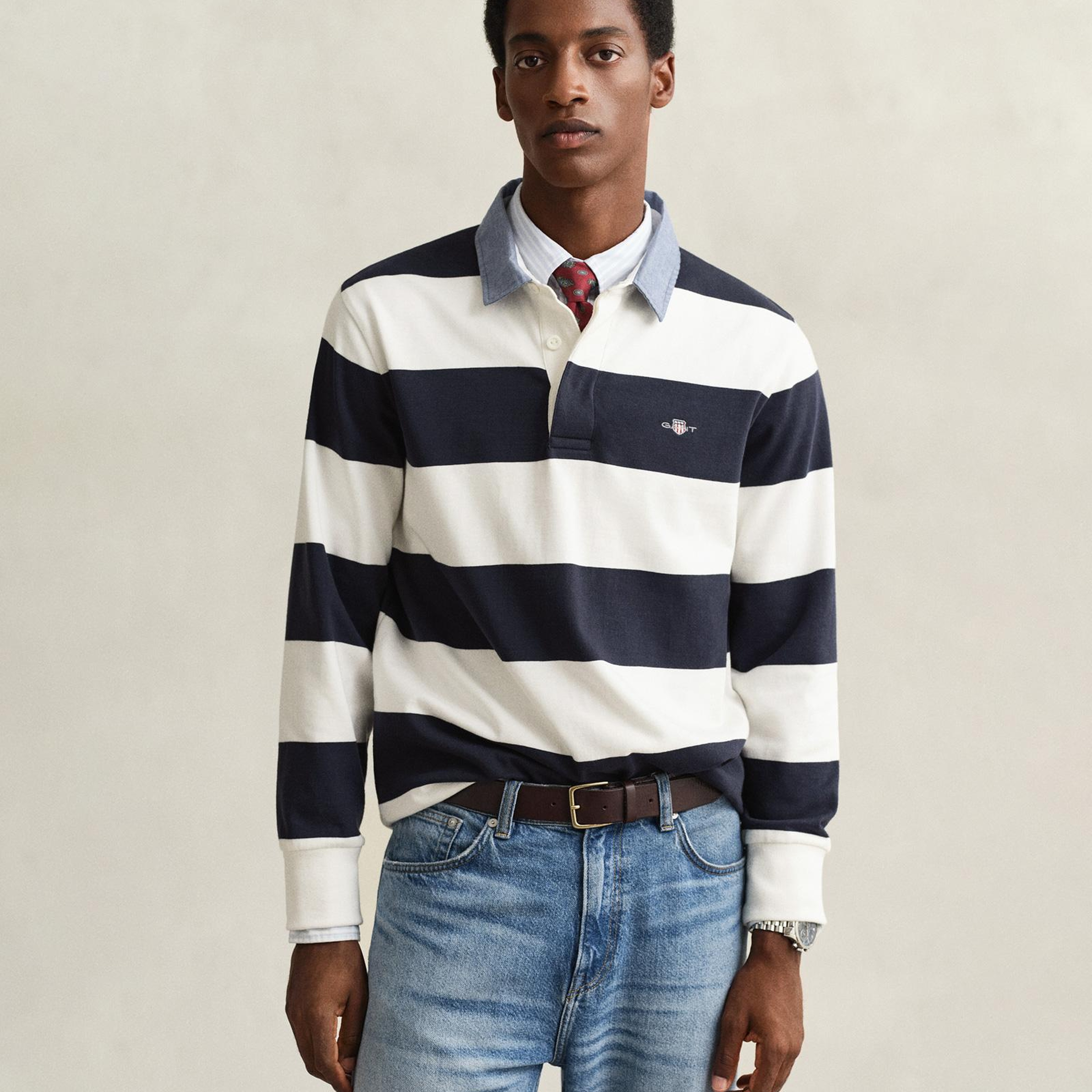 GANT Erkek Beyaz Regular Fit Çizgili Logolu Polo Yaka Rugby T-Shirt