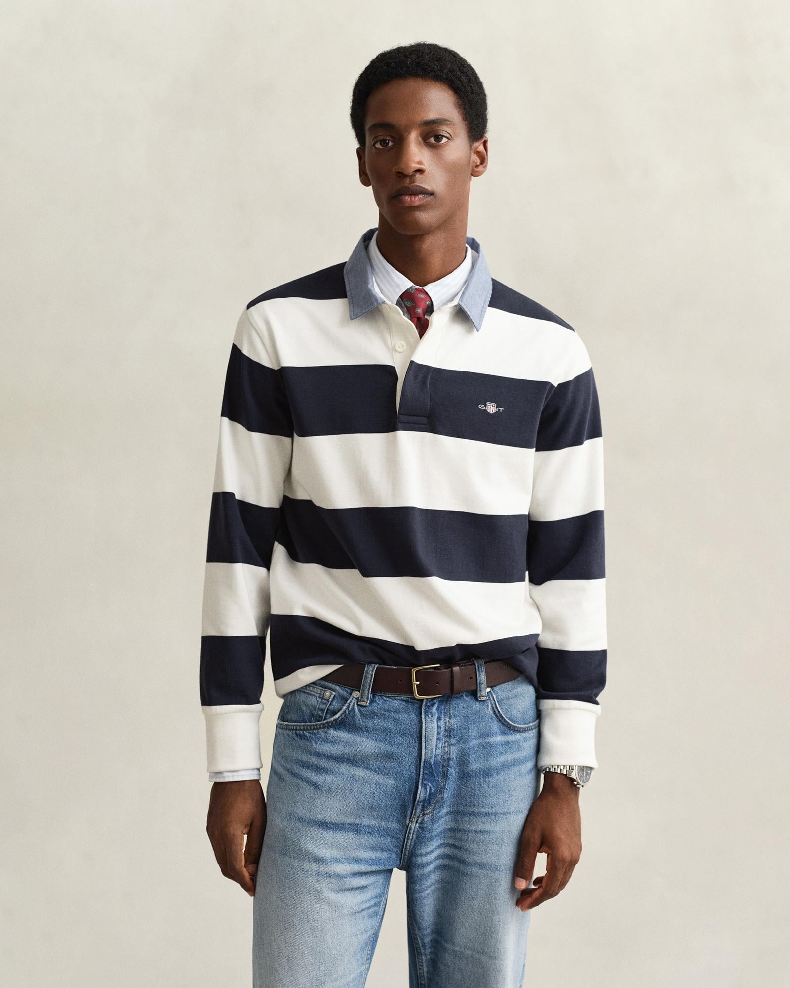 GANT Erkek Beyaz Regular Fit Çizgili Logolu Polo Yaka Rugby T-Shirt