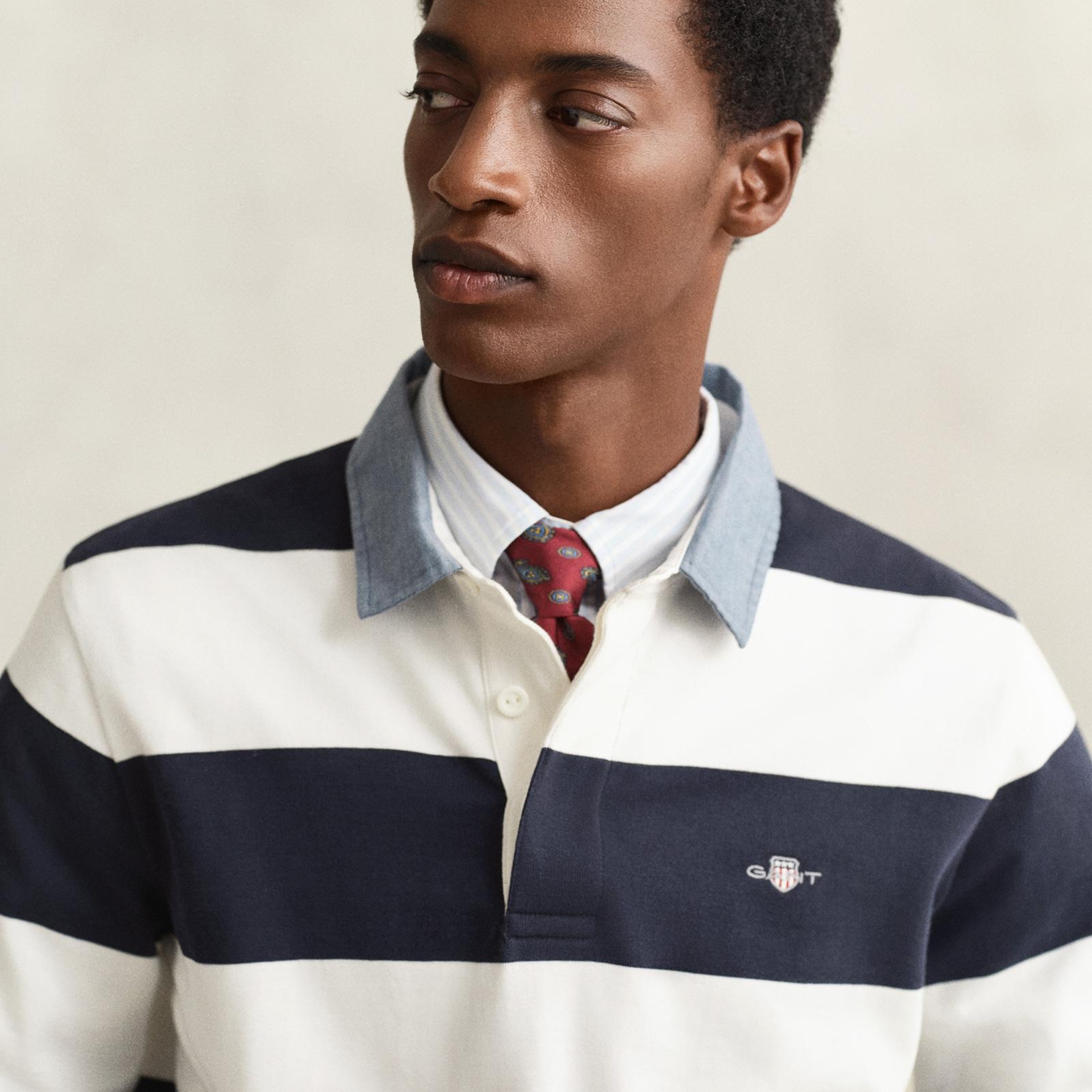GANT Erkek Beyaz Regular Fit Çizgili Logolu Polo Yaka Rugby T-Shirt