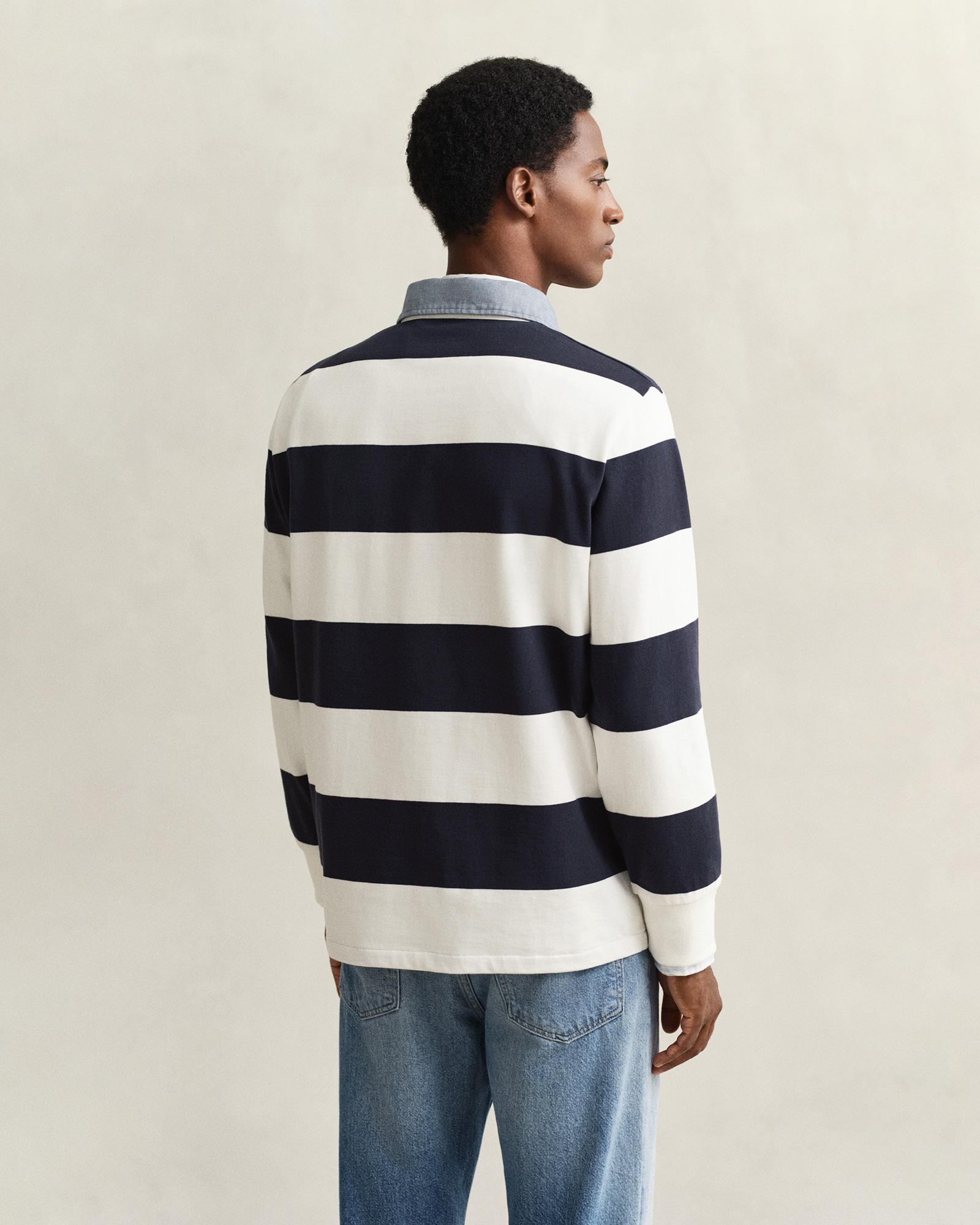 GANT Erkek Beyaz Regular Fit Çizgili Logolu Polo Yaka Rugby T-Shirt