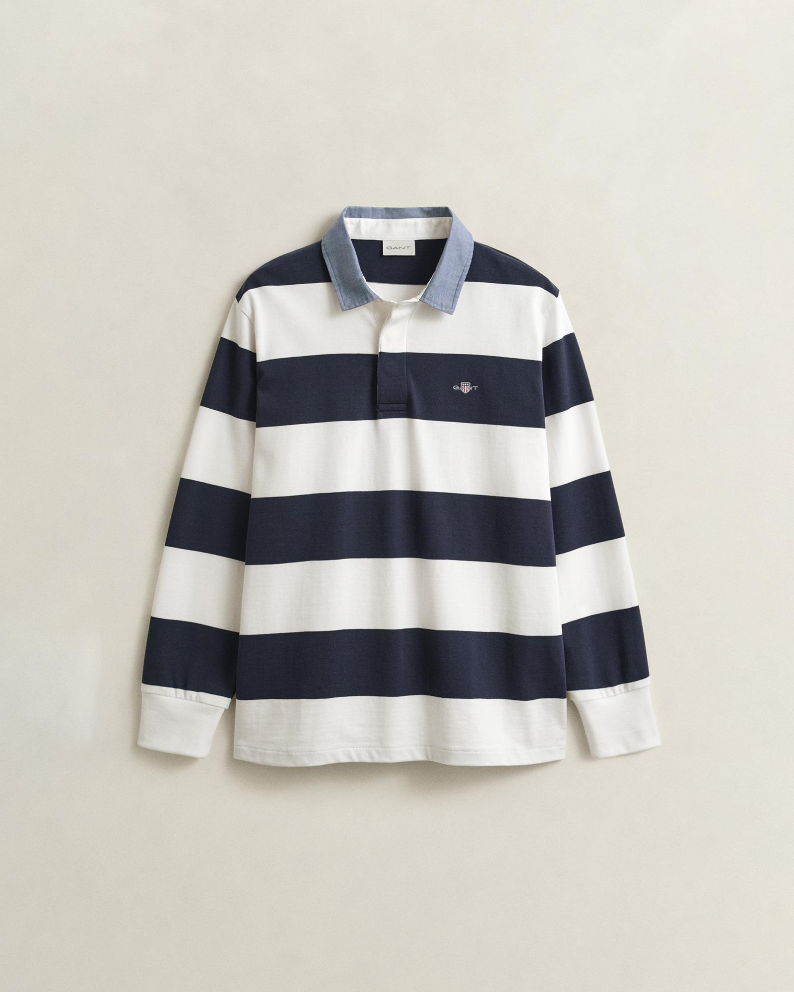 GANT Erkek Beyaz Regular Fit Çizgili Logolu Polo Yaka Rugby T-Shirt