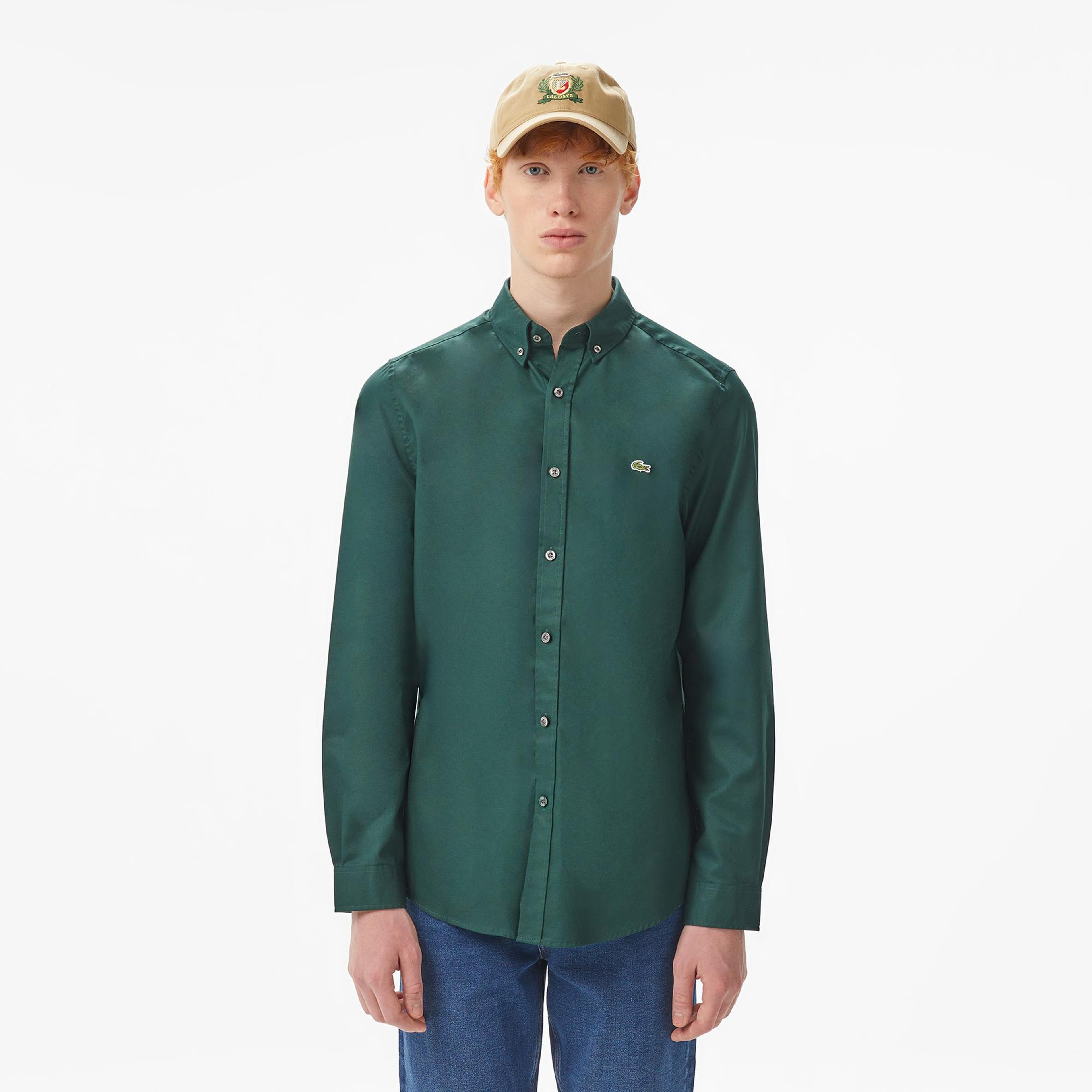 Erkek Slim Fit Düğmeli Yaka Koyu Yeşil Gömlek