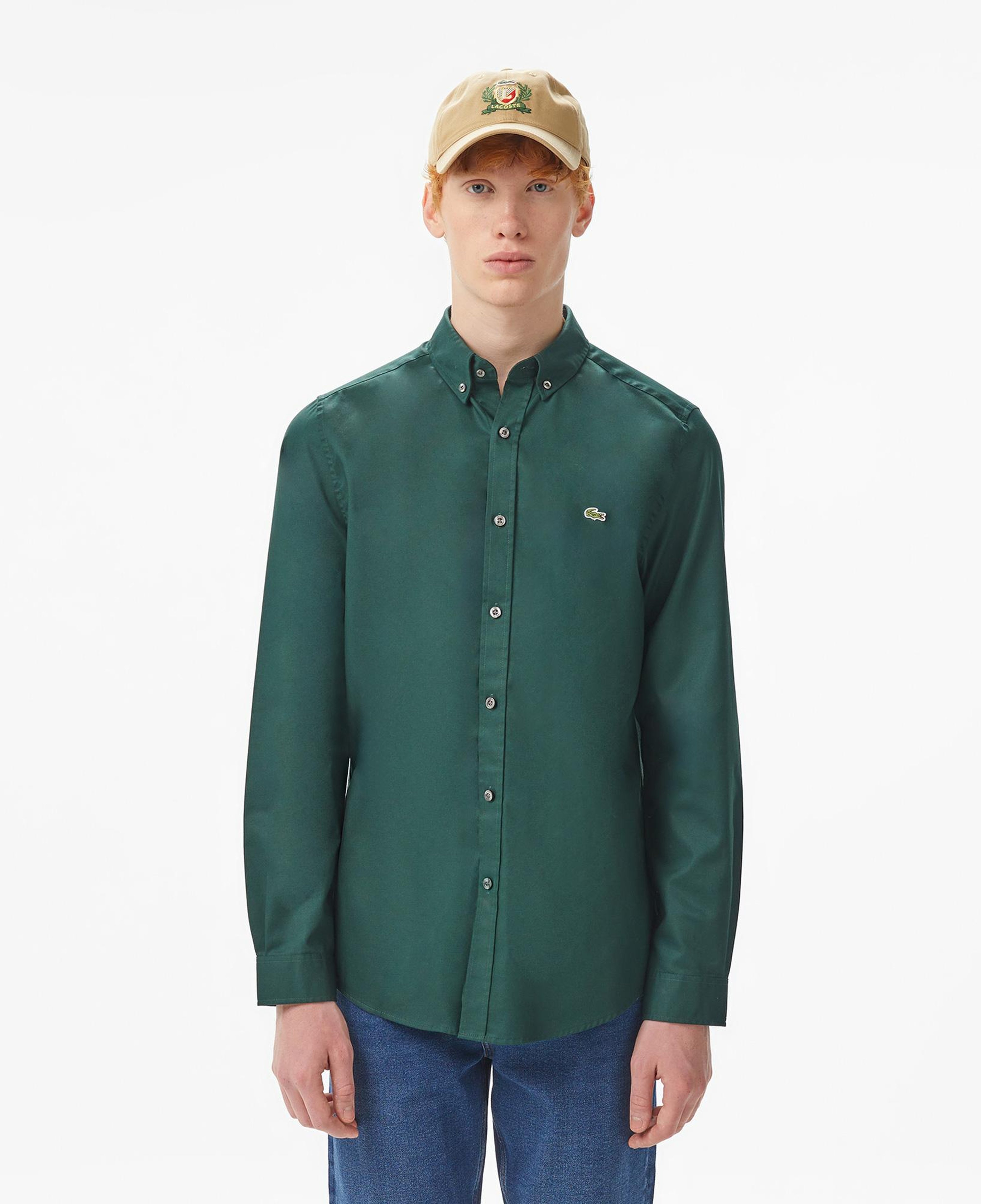 Erkek Slim Fit Düğmeli Yaka Koyu Yeşil Gömlek