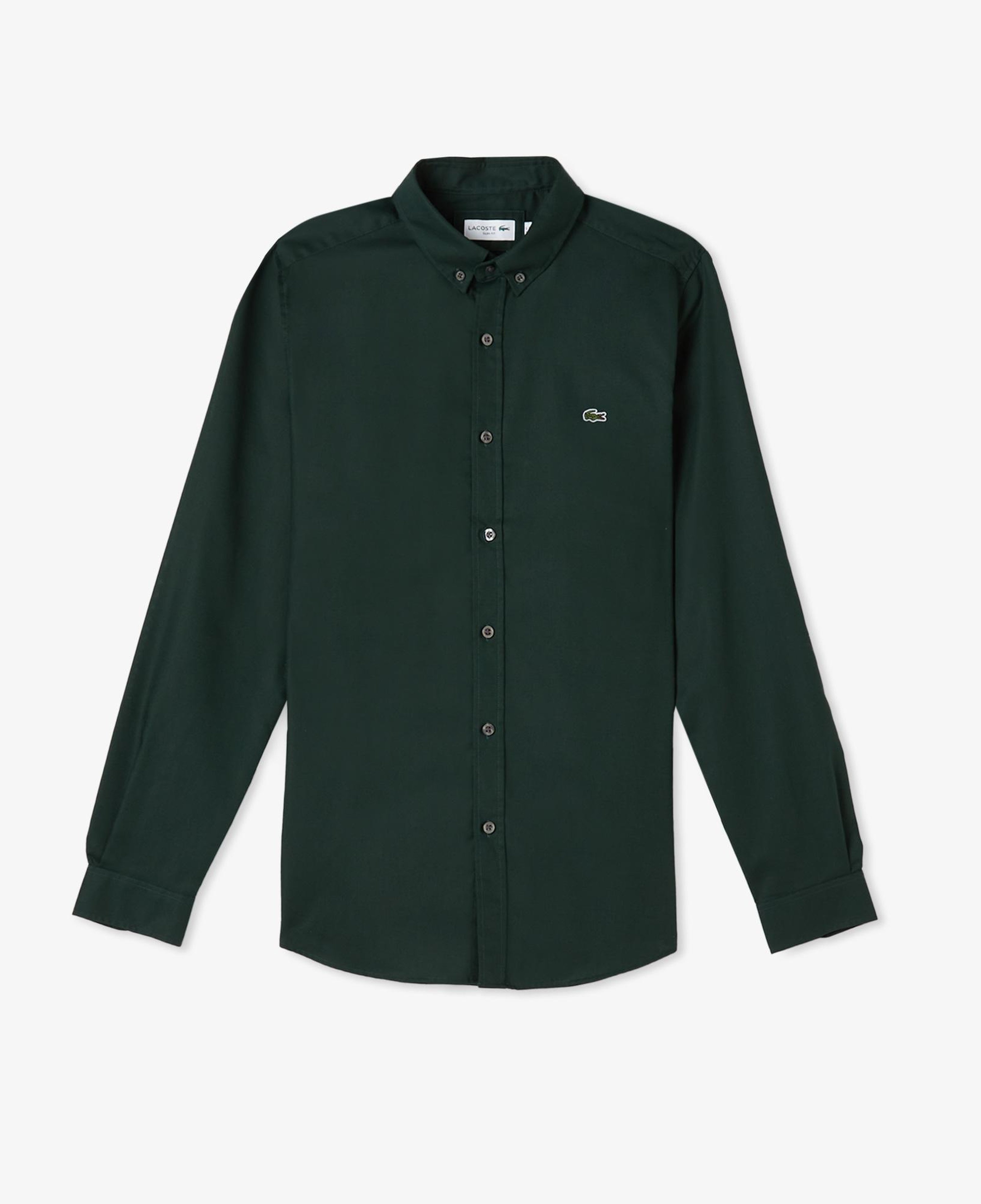 Erkek Slim Fit Düğmeli Yaka Koyu Yeşil Gömlek