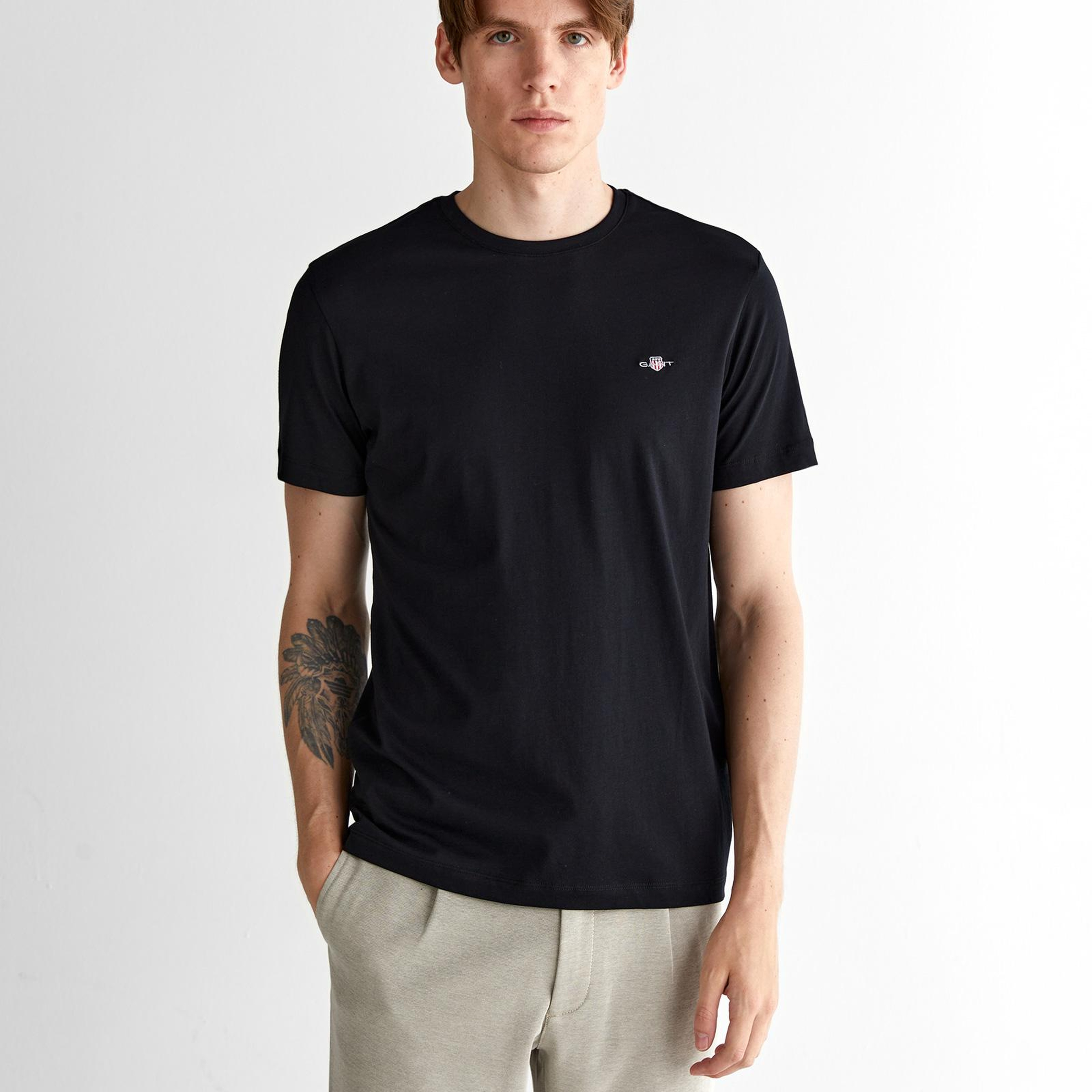 GANT Erkek Siyah Regular Fit Bisiklet Yaka T-Shirt