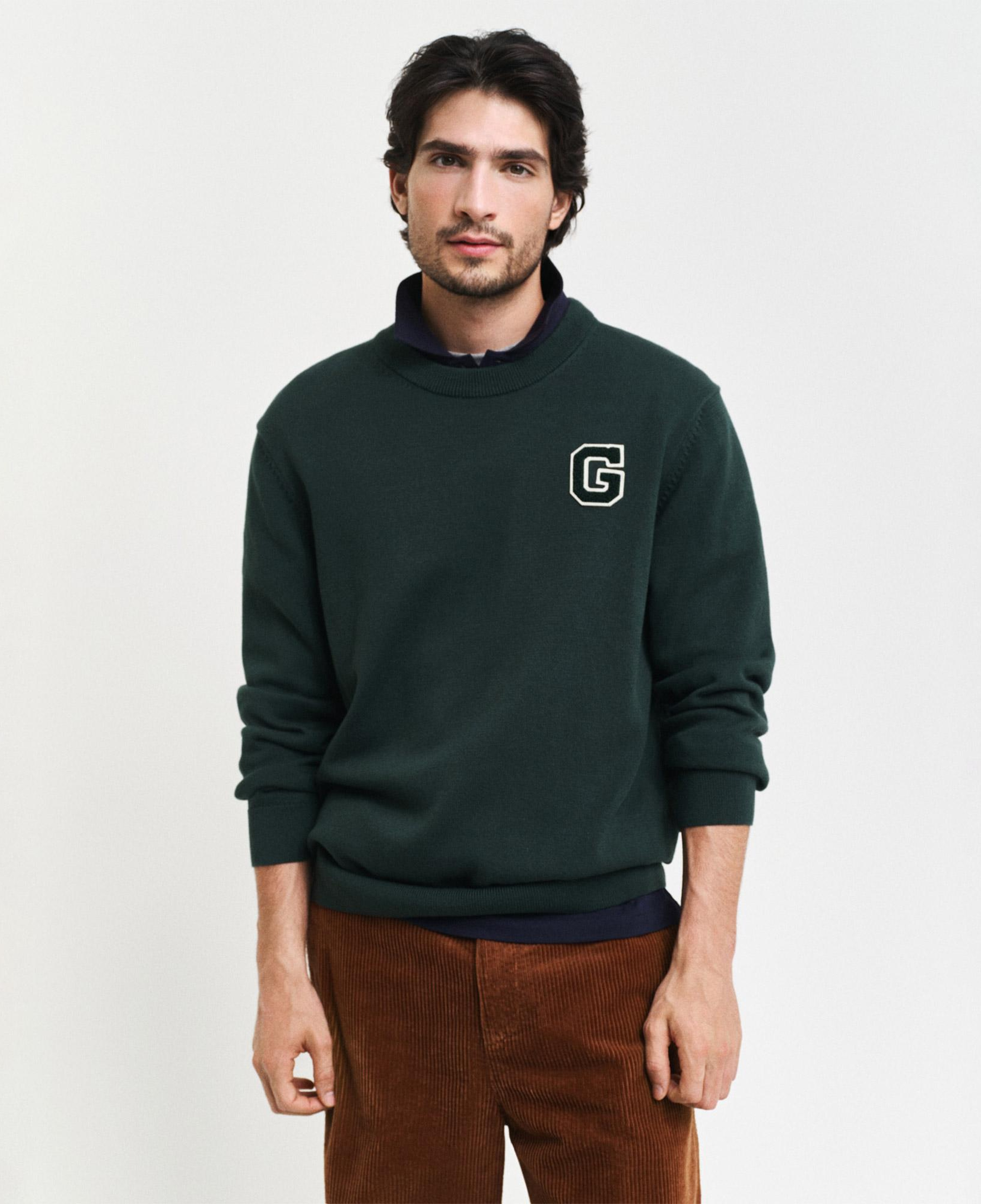 GANT Erkek Yeşil Relaxed Fit Bisiklet Yaka Logolu Kazak
