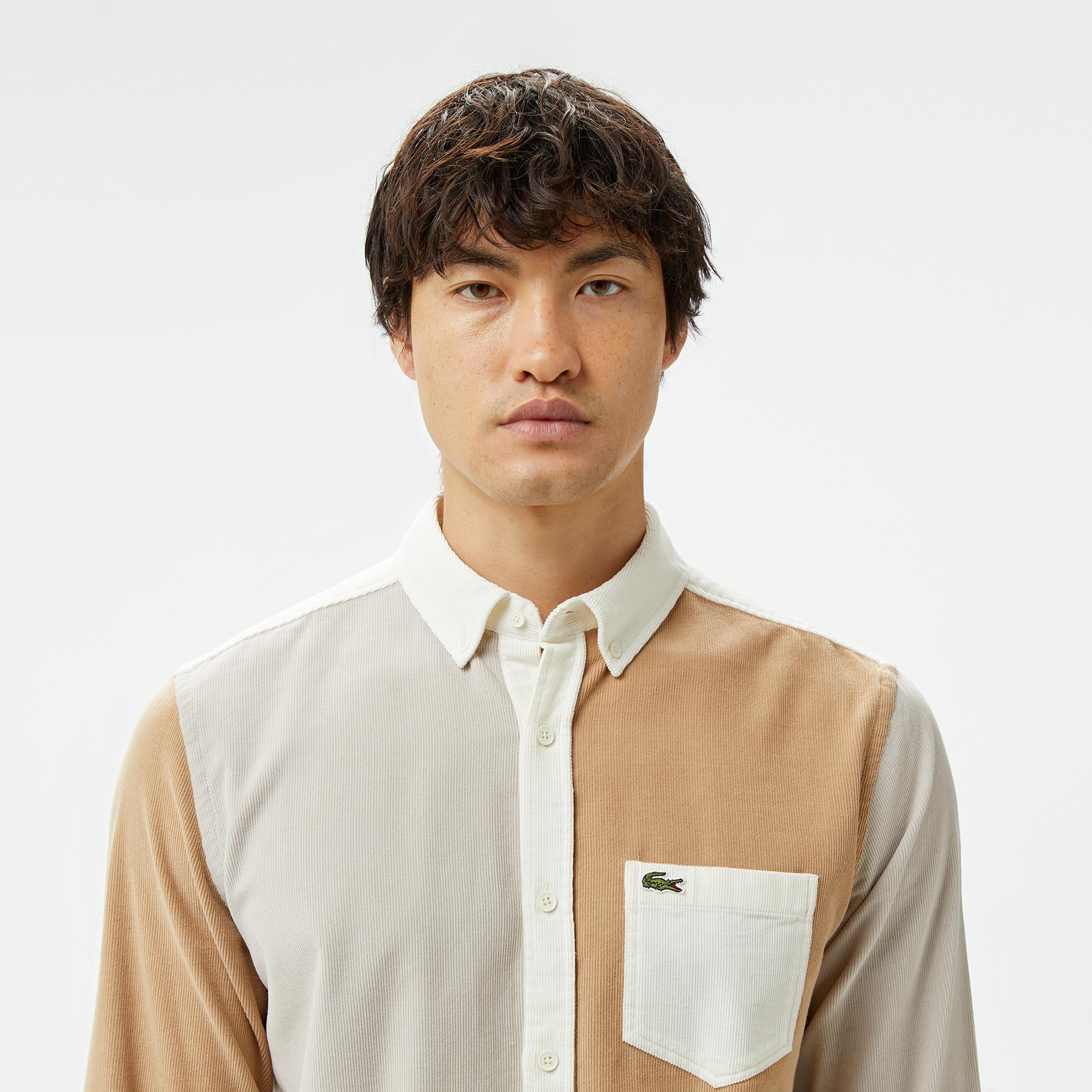 Erkek Regular Fit Düğmeli Yaka Renk Bloklu Bej Gömlek