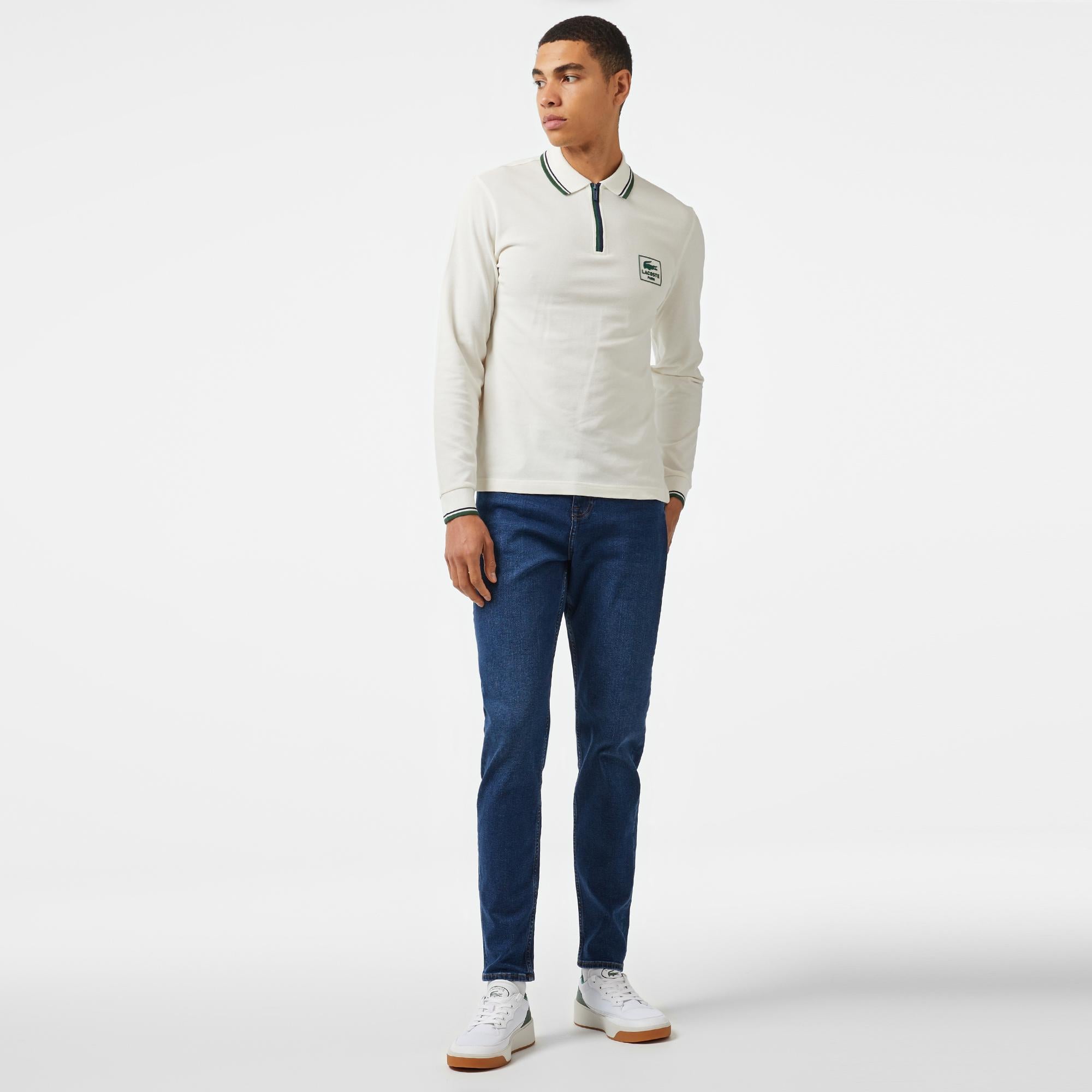 Erkek Regular Fit Uzun Kollu Yarım Fermuarlı Beyaz Polo