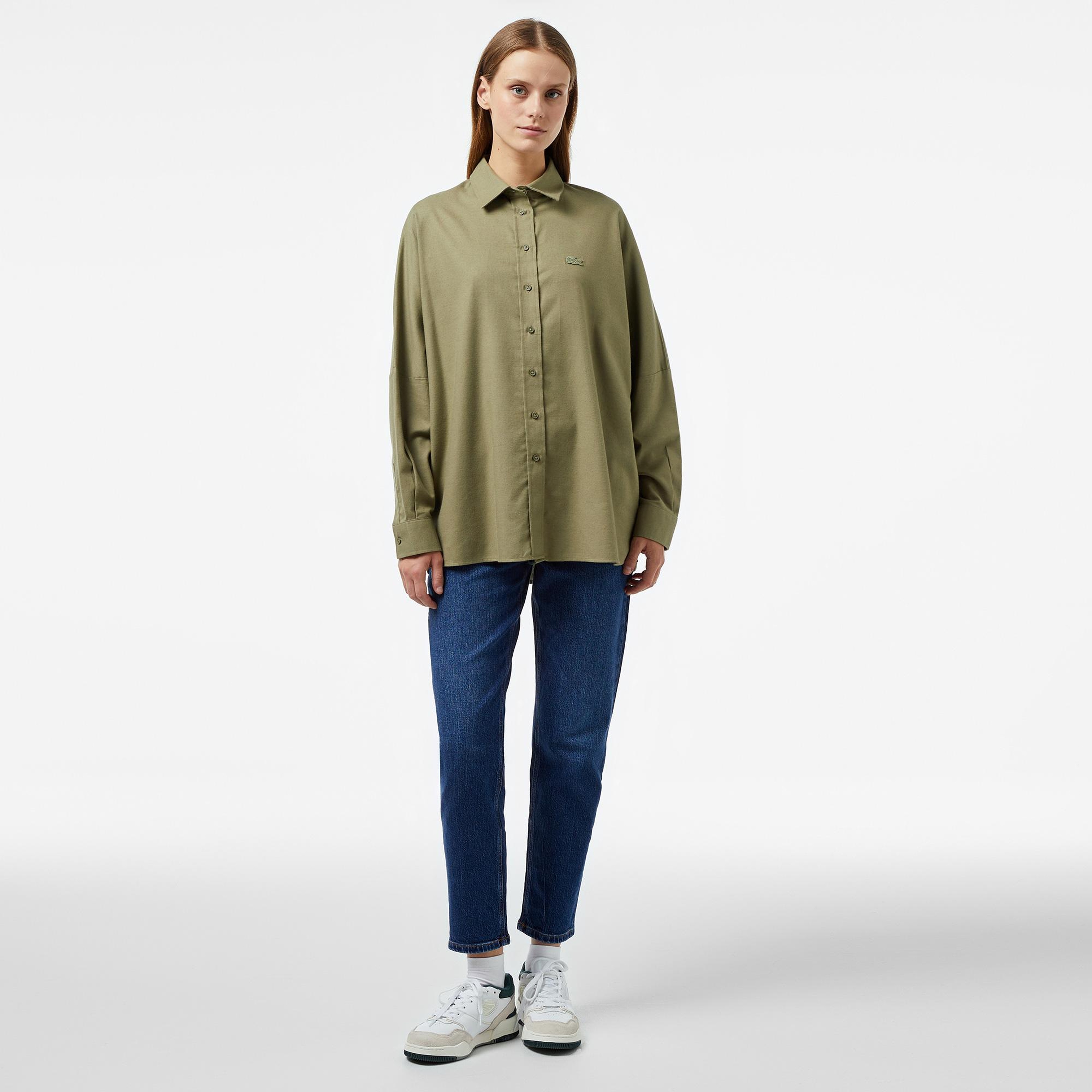 Kadın Loose Fit Haki Yün Karışımlı Gömlek
