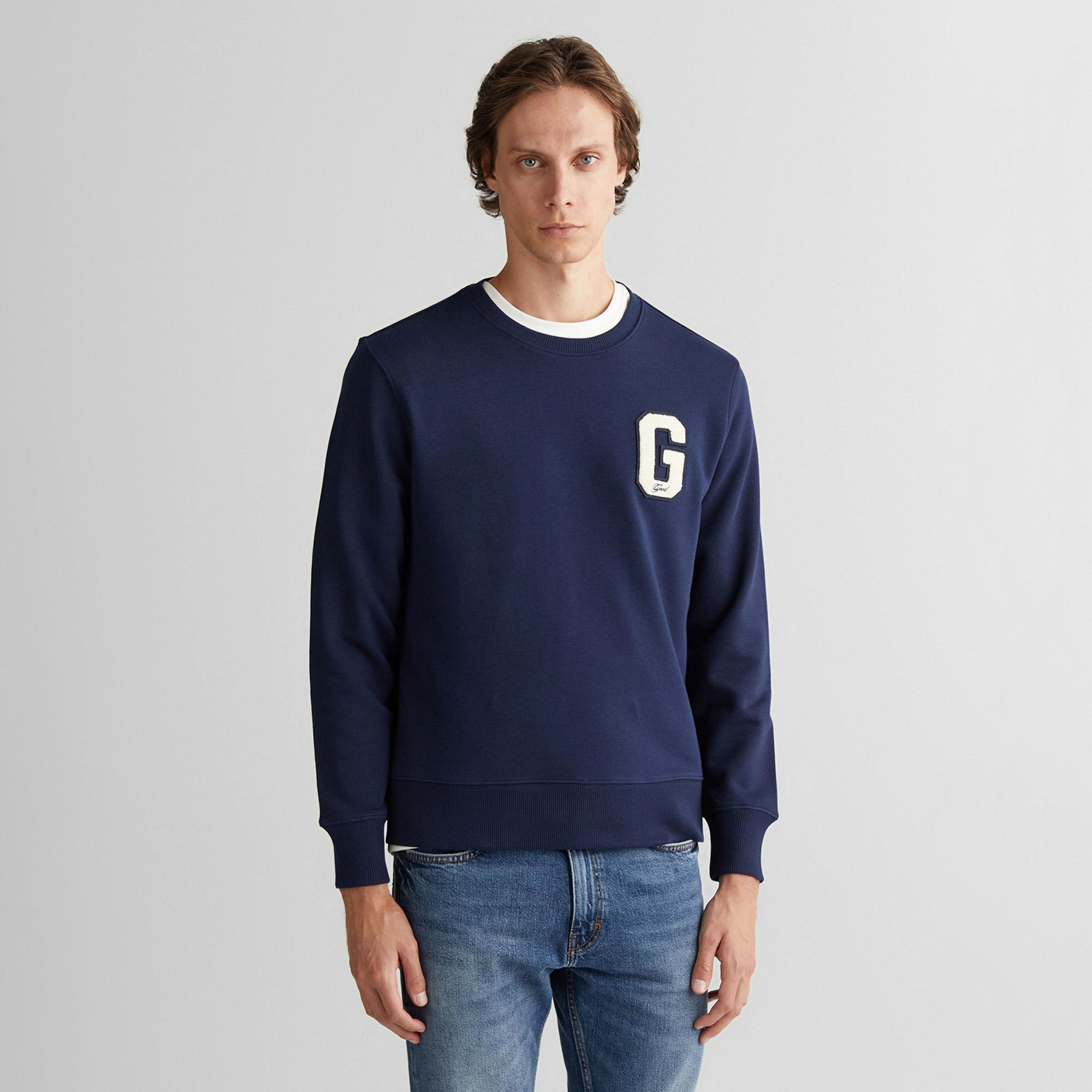 GANT Erkek Lacivert Regular Fit Bisiklet Yaka Logolu Sweatshirt