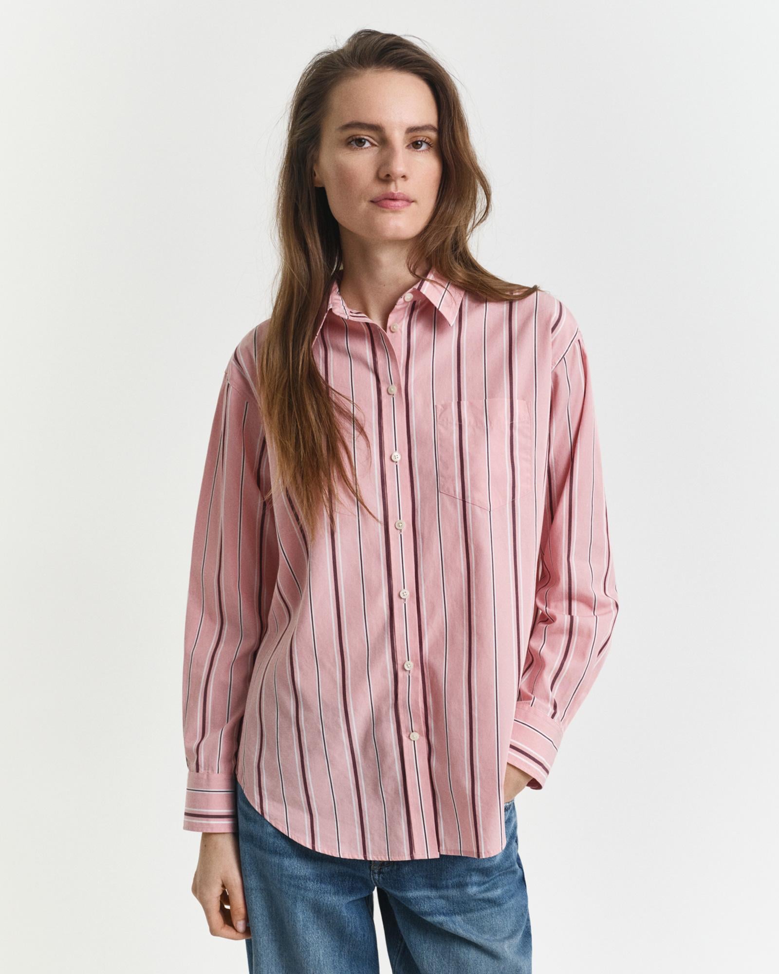 GANT Kadın Pembe Relaxed Fit Klasik Yaka Çizgili Gömlek