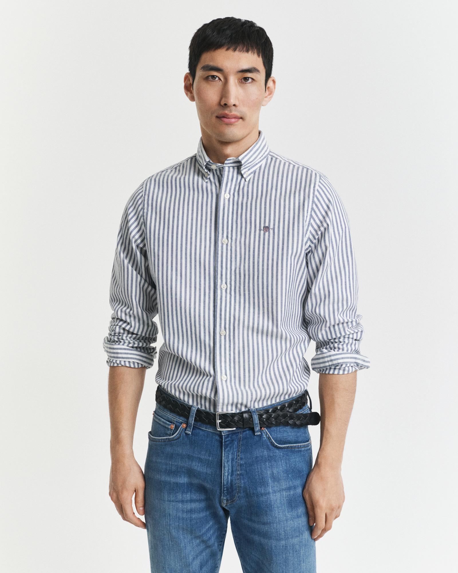GANT Erkek Mavi Slim Fit Düğmeli Yaka Çizgili Oxford Gömlek