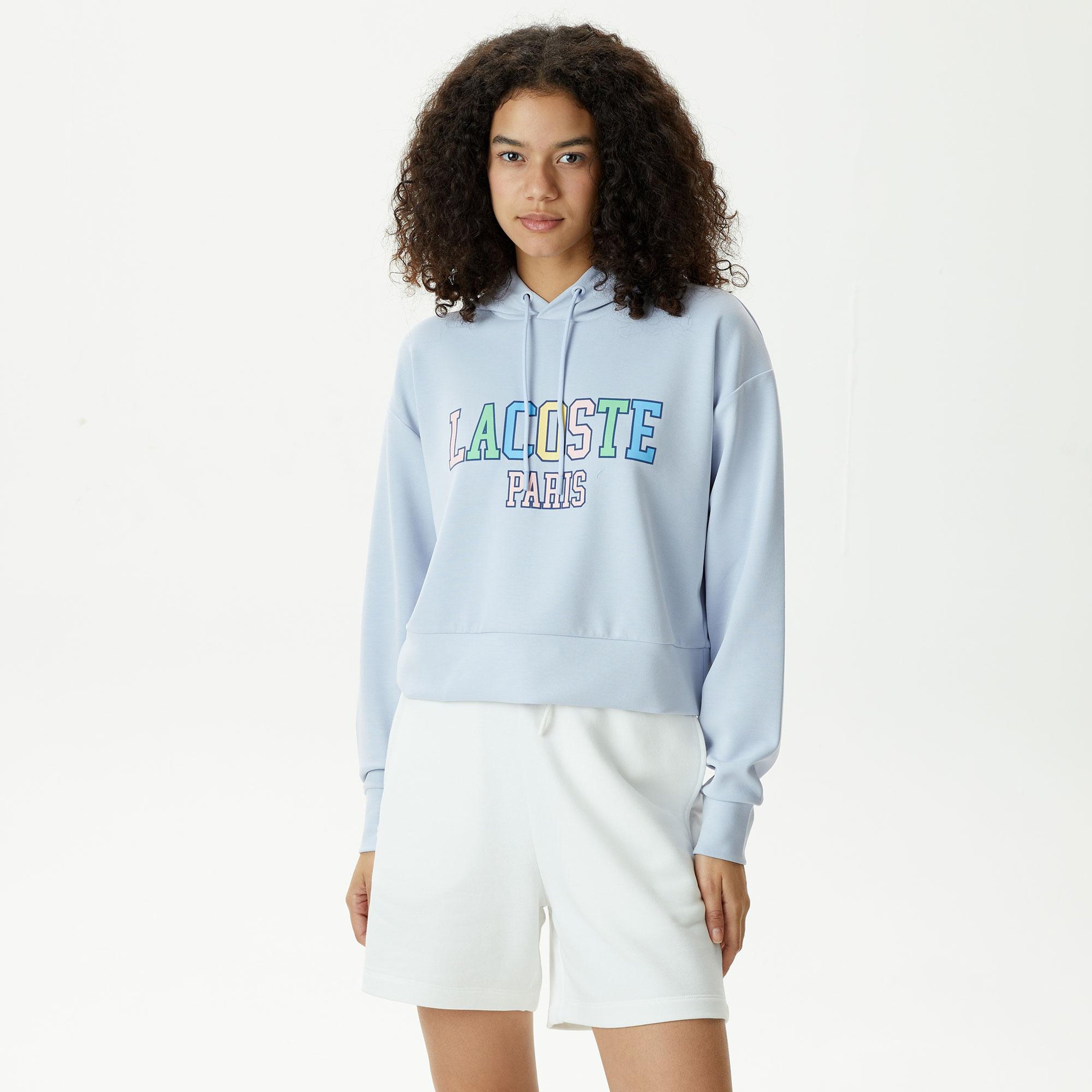 Kadın Relaxed Fit Kapüşonlu Baskılı Mavi Modal Karışımlı Sweatshirt