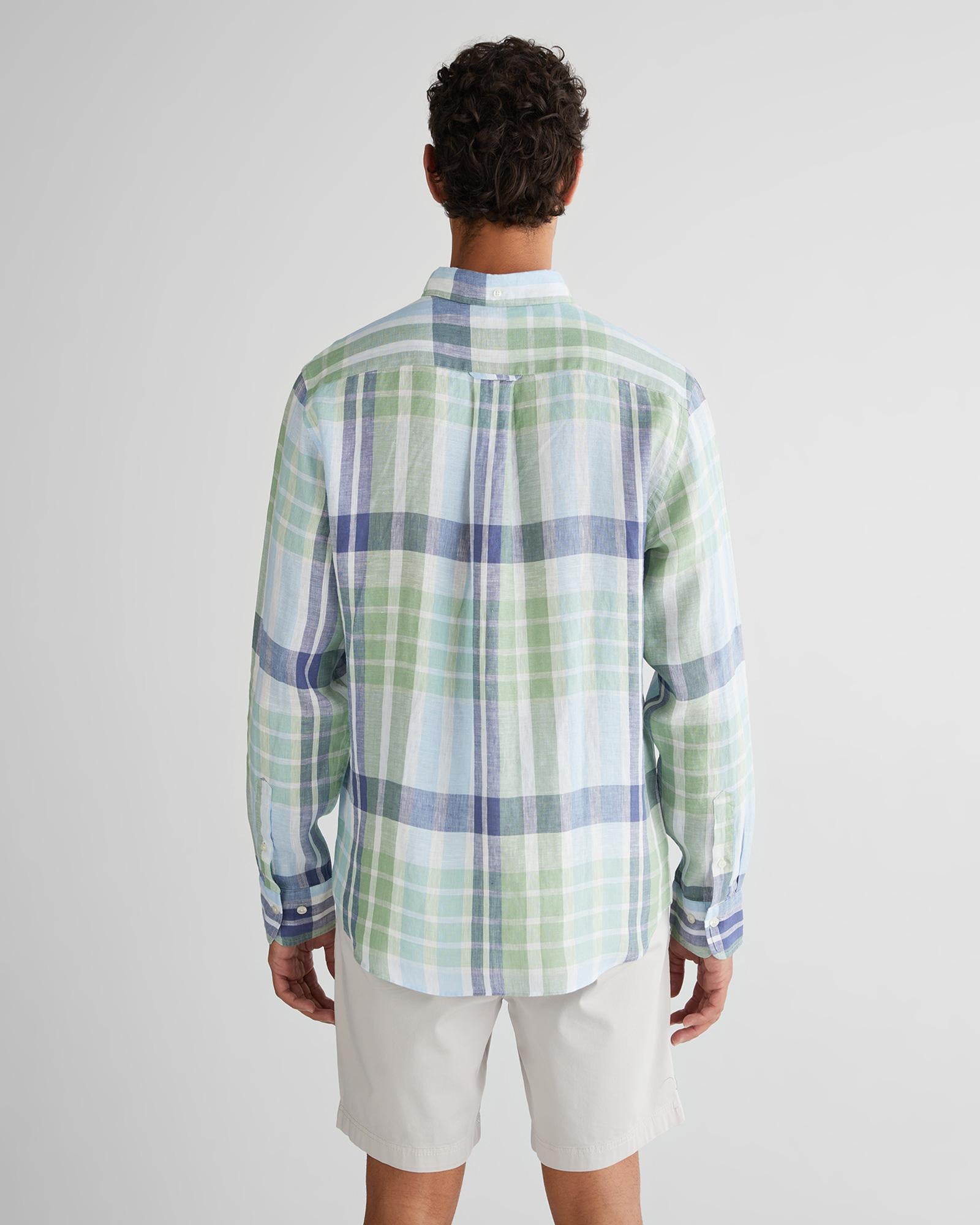GANT Erkek Yeşil Regular Fit Düğmeli Yaka Kareli Keten Gömlek