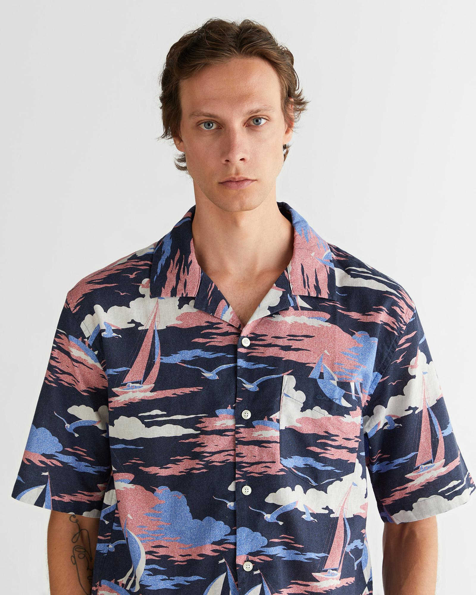 GANT Erkek Lacivert Relaxed Fit Klasik Yaka Desenli Gömlek