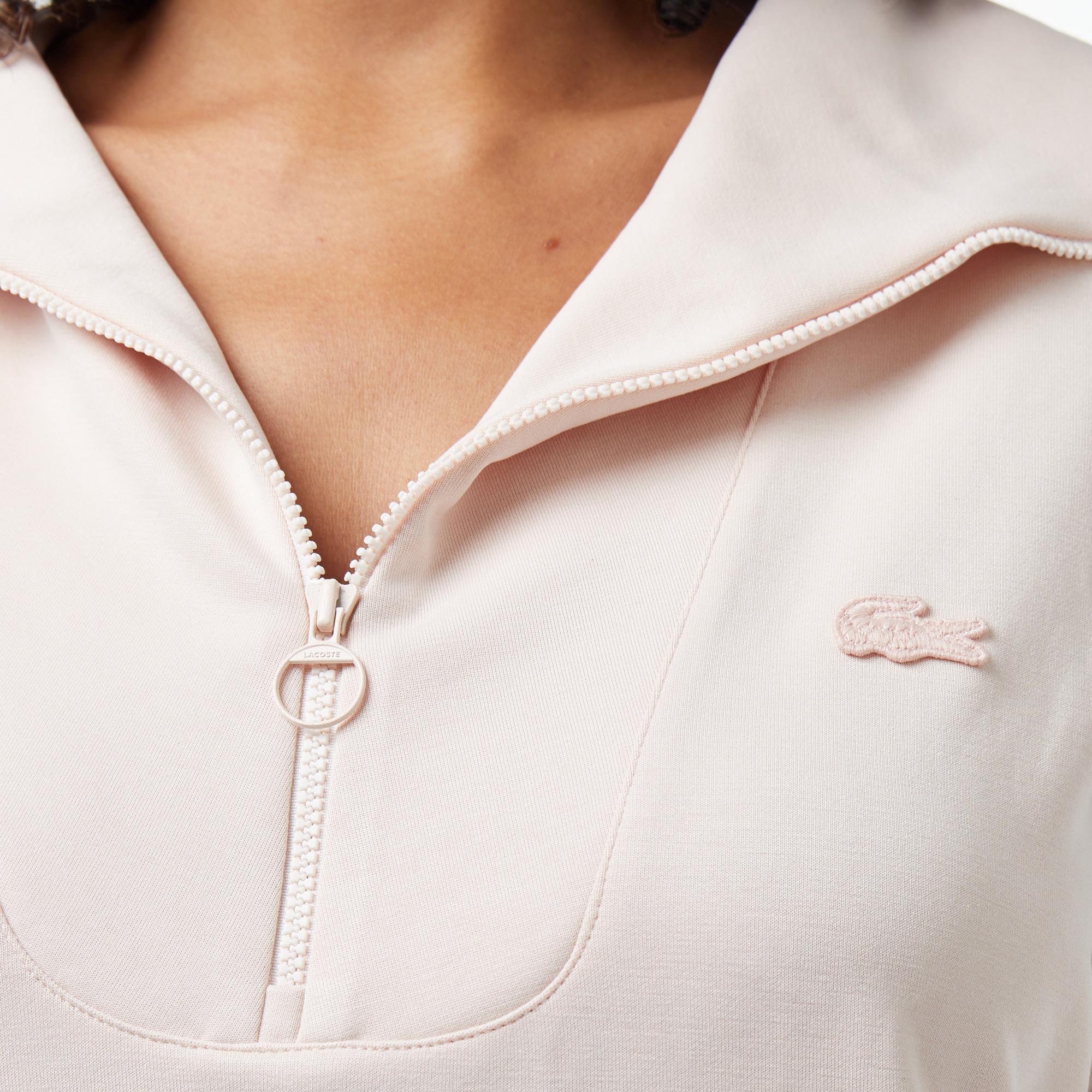 Kadın Kısa Kollu Yarım Fermuarlı Açık Pembe Modal Karışımlı Sweatshirt