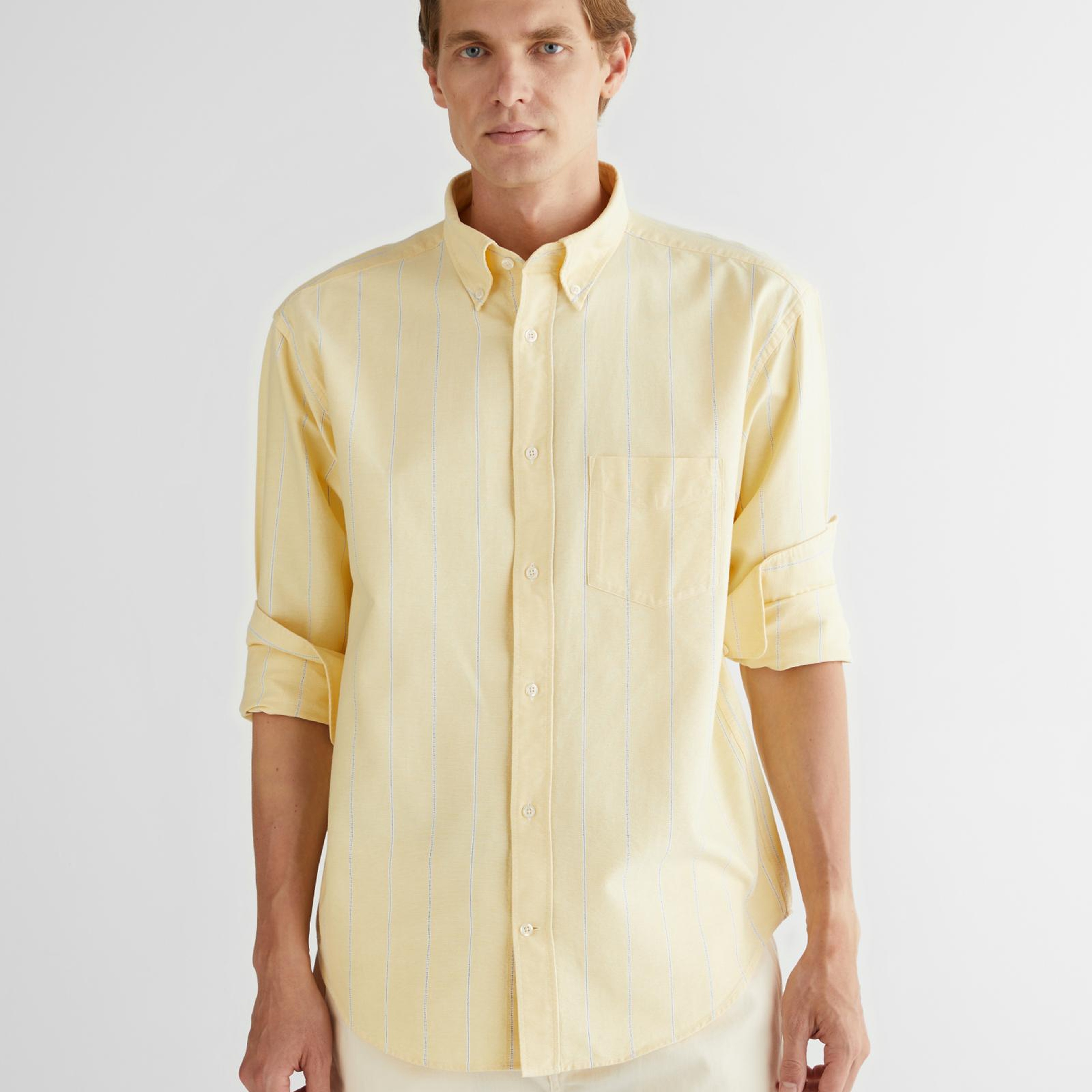 GANT Erkek Sarı Relaxed Fit Düğmeli Yaka Çizgili Gömlek