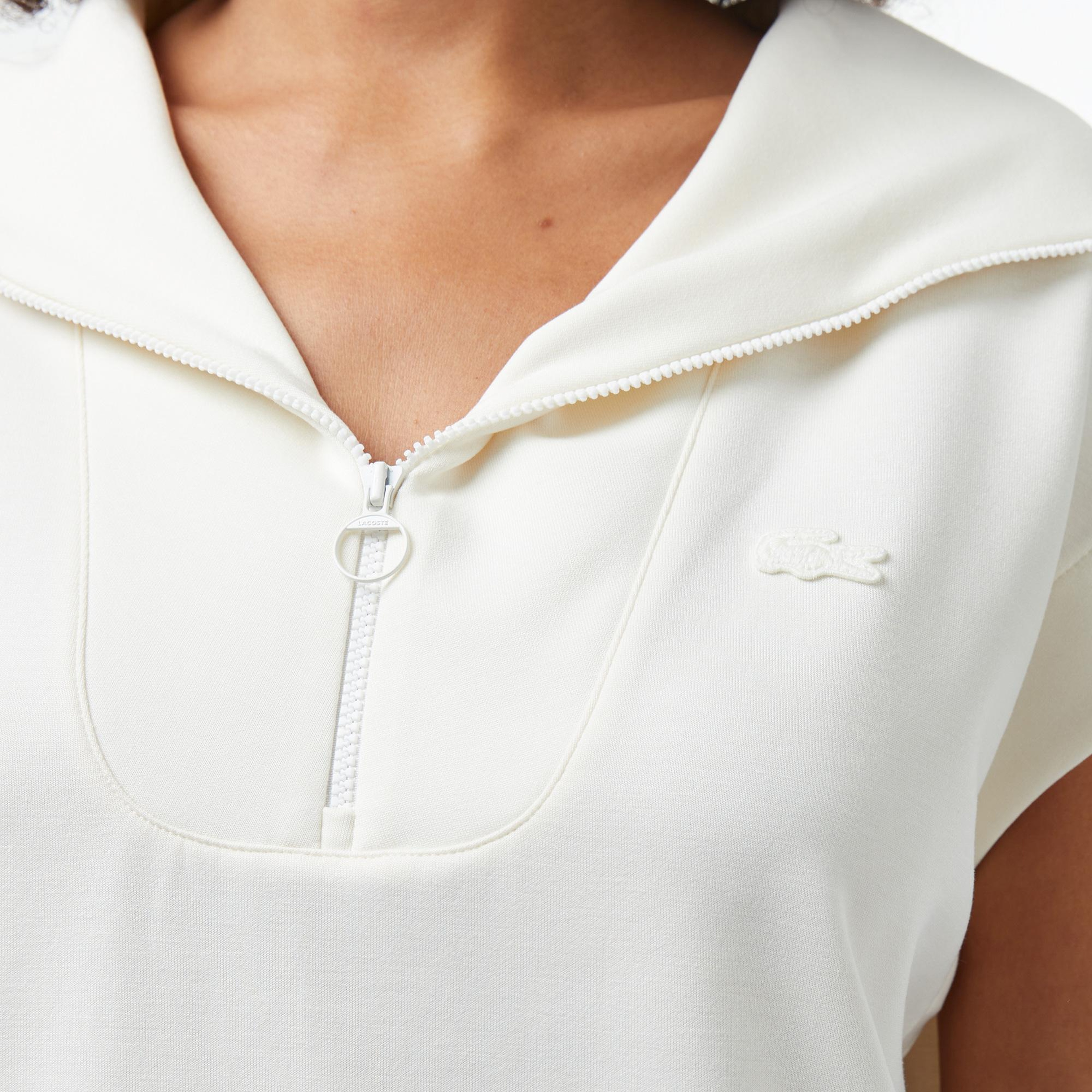 Kadın Kısa Kollu Yarım Fermuarlı Beyaz Modal Karışımlı Sweatshirt