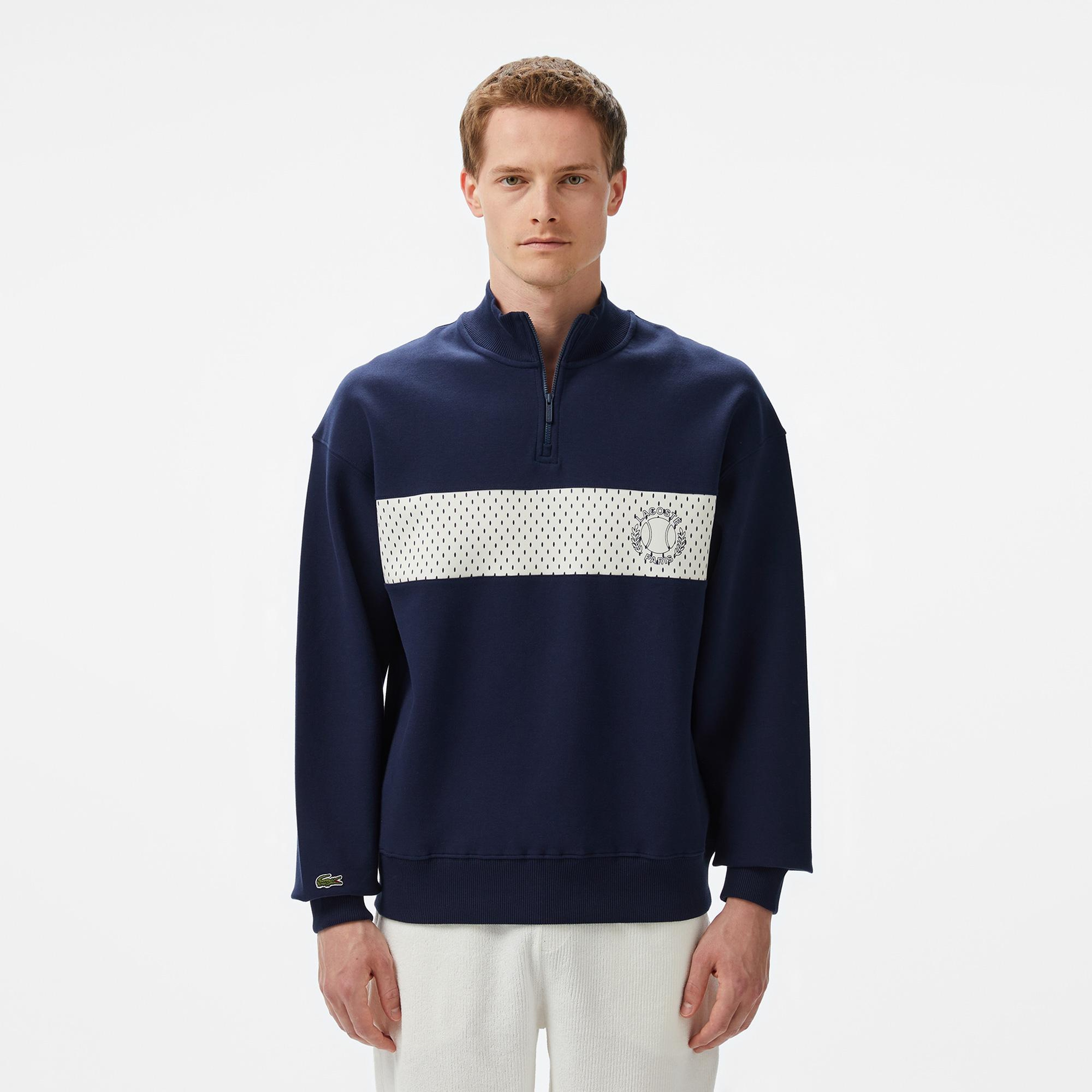 Erkek Loose Fit Yarım Fermuarlı Baskılı Lacivert Sweatshirt