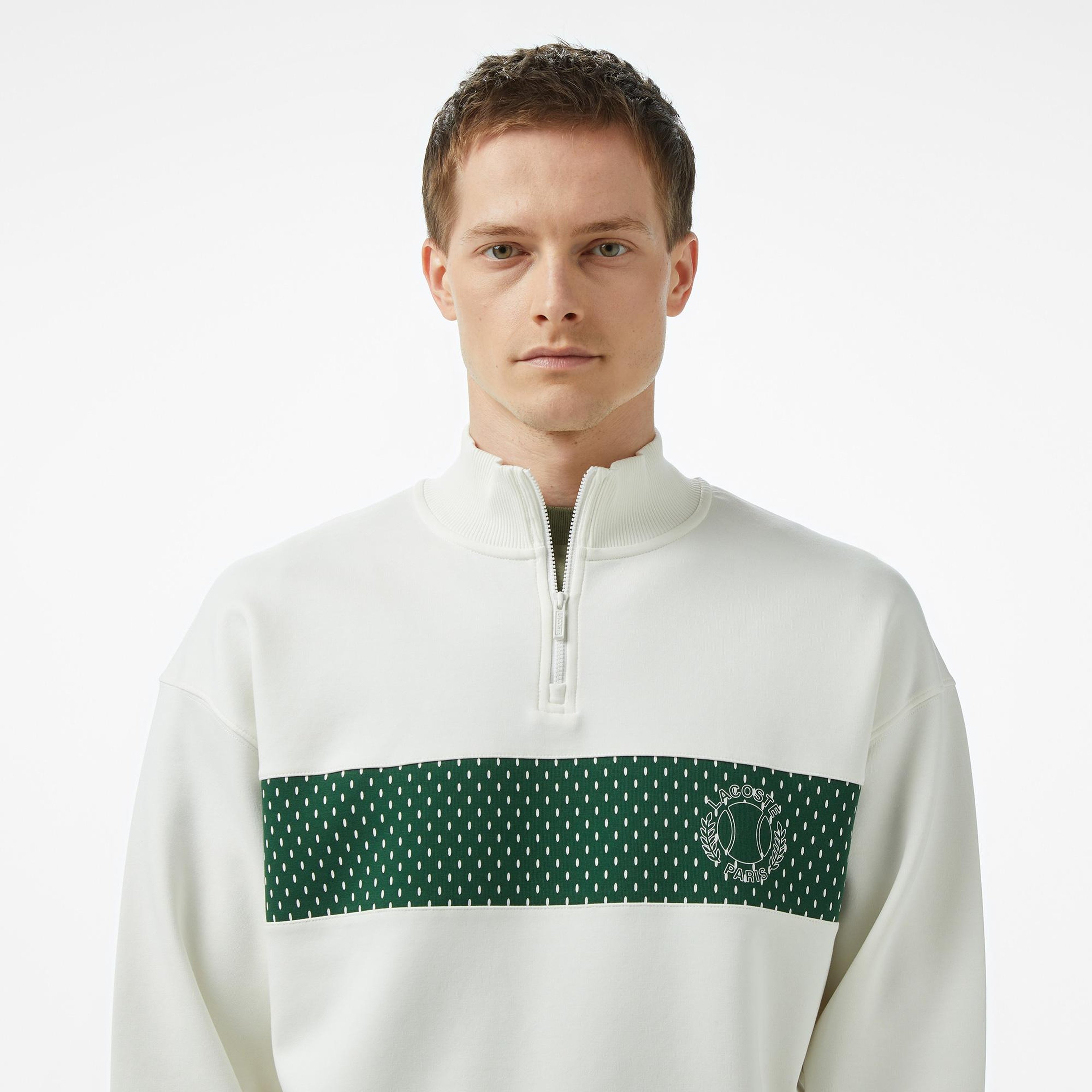 Erkek Loose Fit Yarım Fermuarlı Baskılı Beyaz Sweatshirt