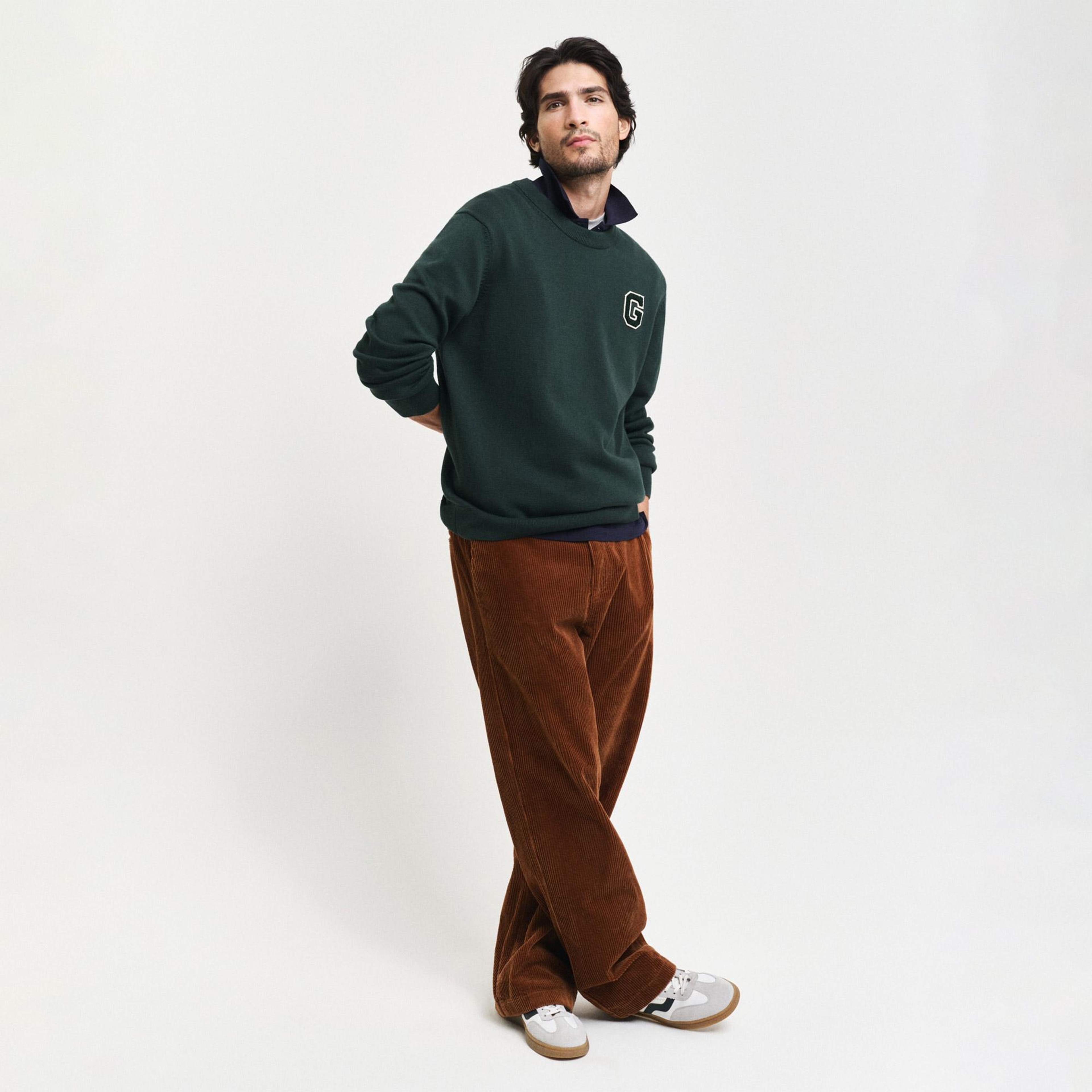 GANT Erkek Yeşil Relaxed Fit Bisiklet Yaka Logolu Kazak