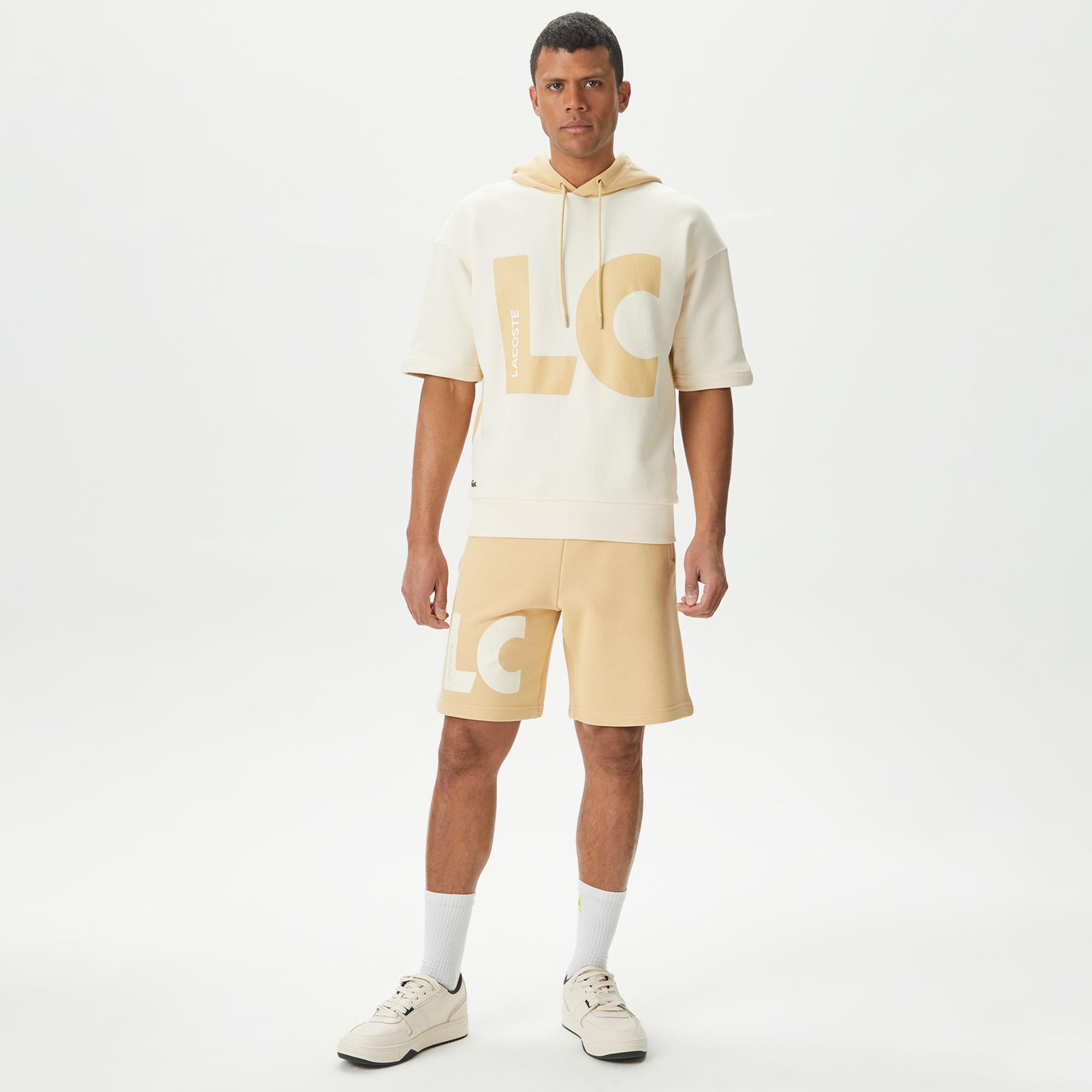 Erkek Loose Fit Kapüşonlu Baskılı Krem Sweatshirt