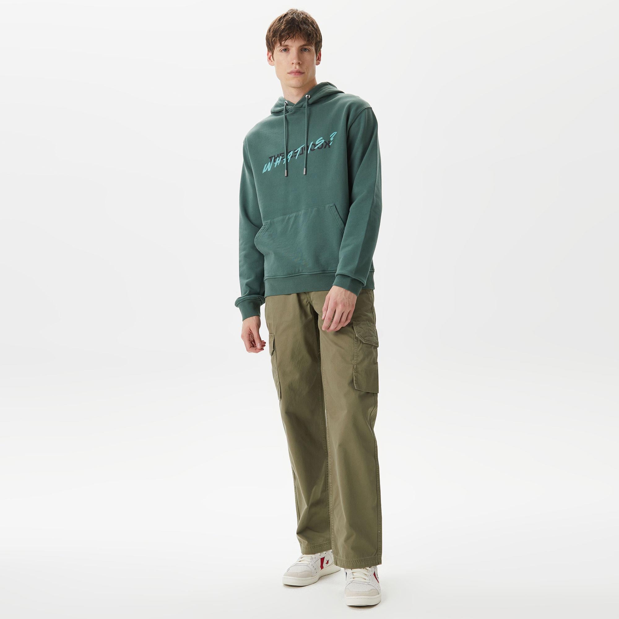 ERKEK BASKILI KAPÜŞONLU YEŞİL SWEATSHIRT