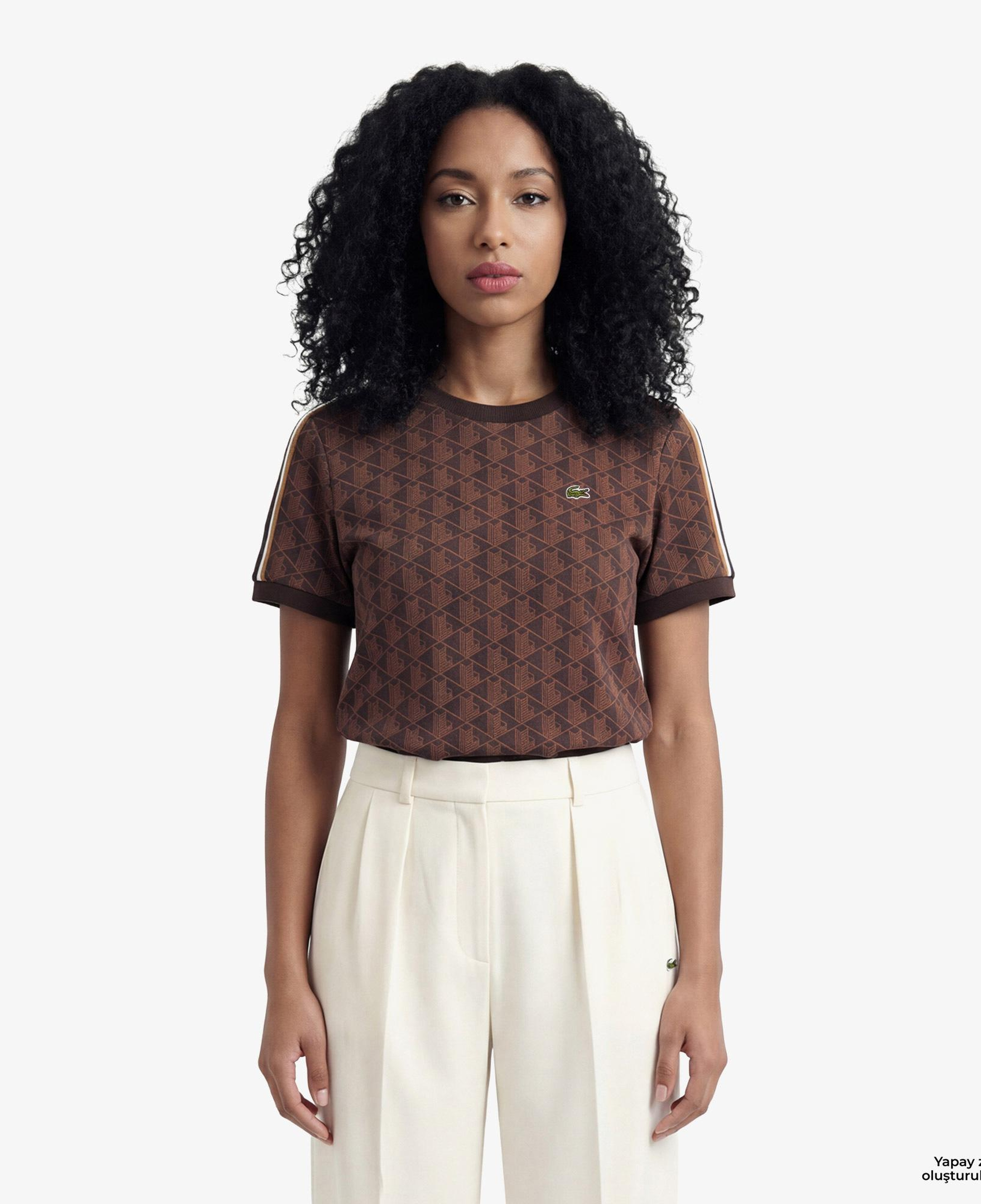 Lacoste Monogram Slim Fit Jacquard Kadın Kahverengi T-Shirt