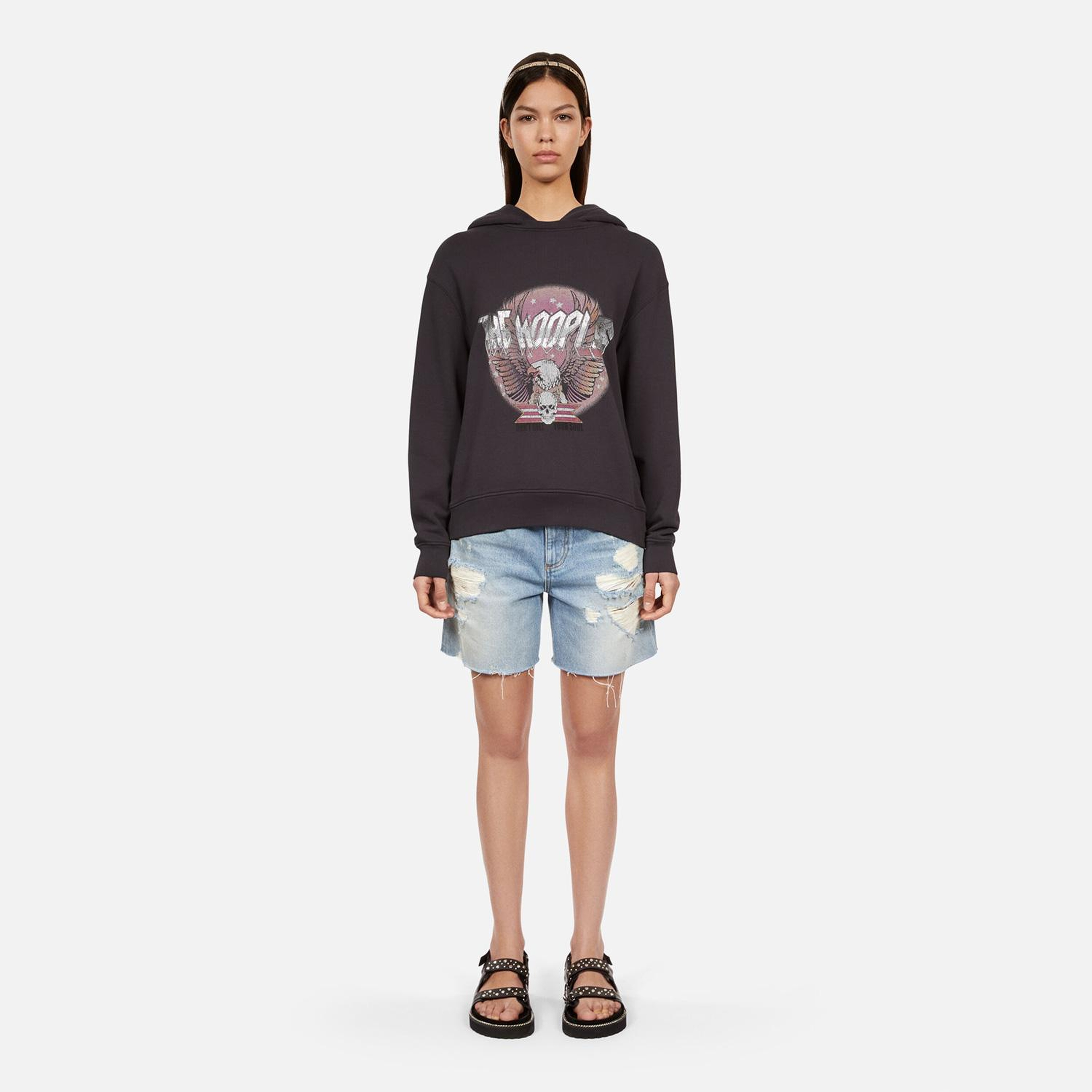 KADIN BASKILI KAPÜŞONLU GRİ SWEATSHIRT