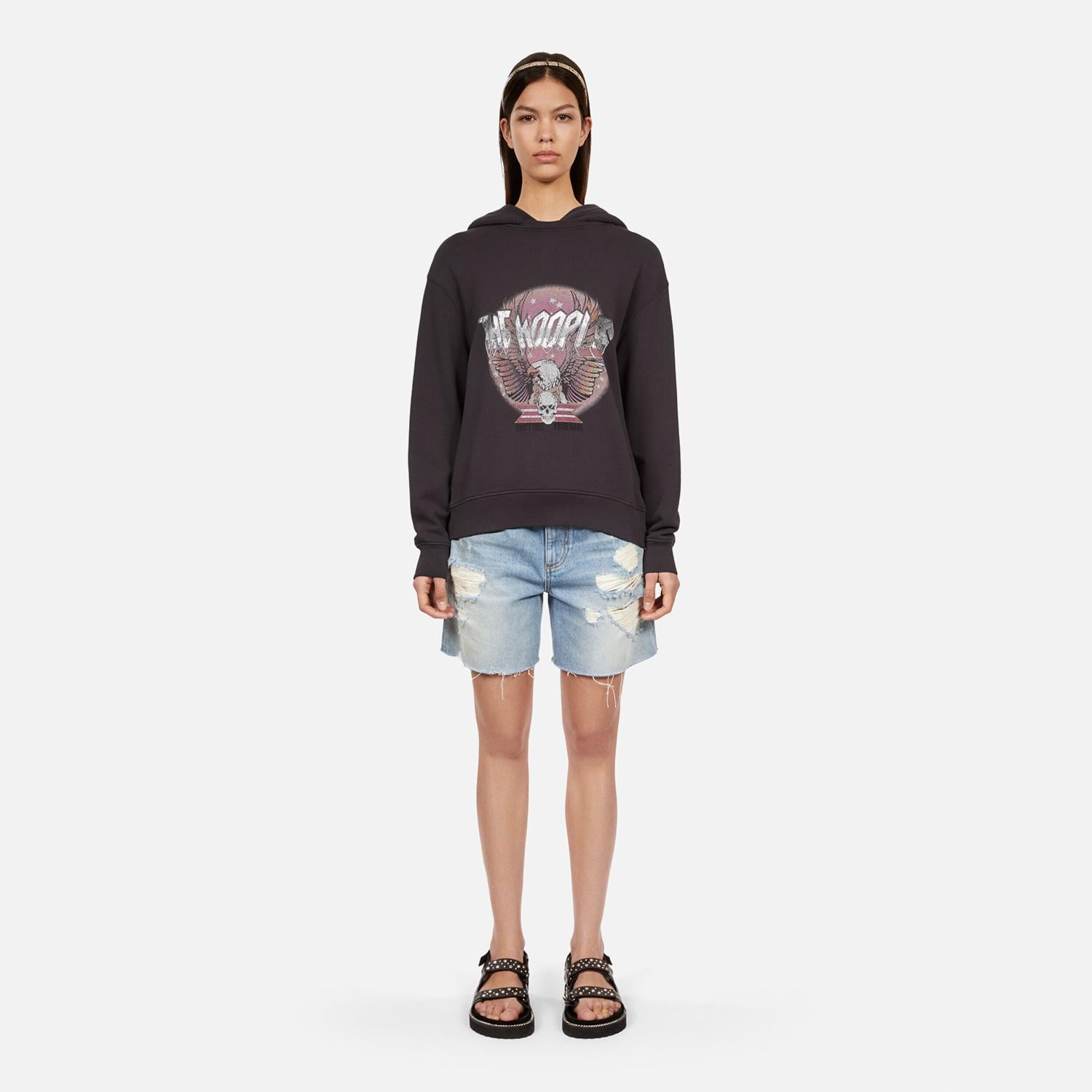 KADIN BASKILI KAPÜŞONLU GRİ SWEATSHIRT