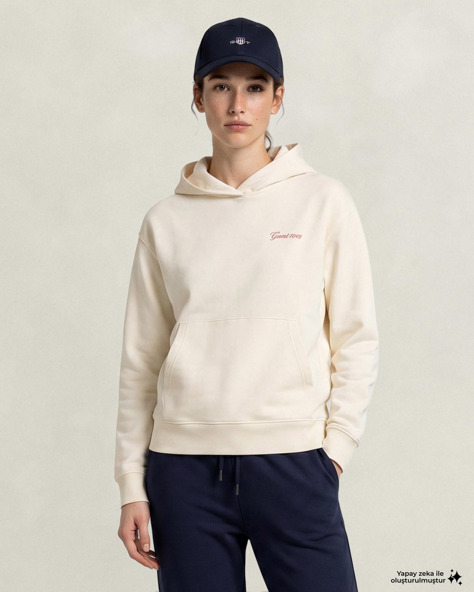 GANT Kadın Krem Regular Fit Kapüşonlu Sweatshirt