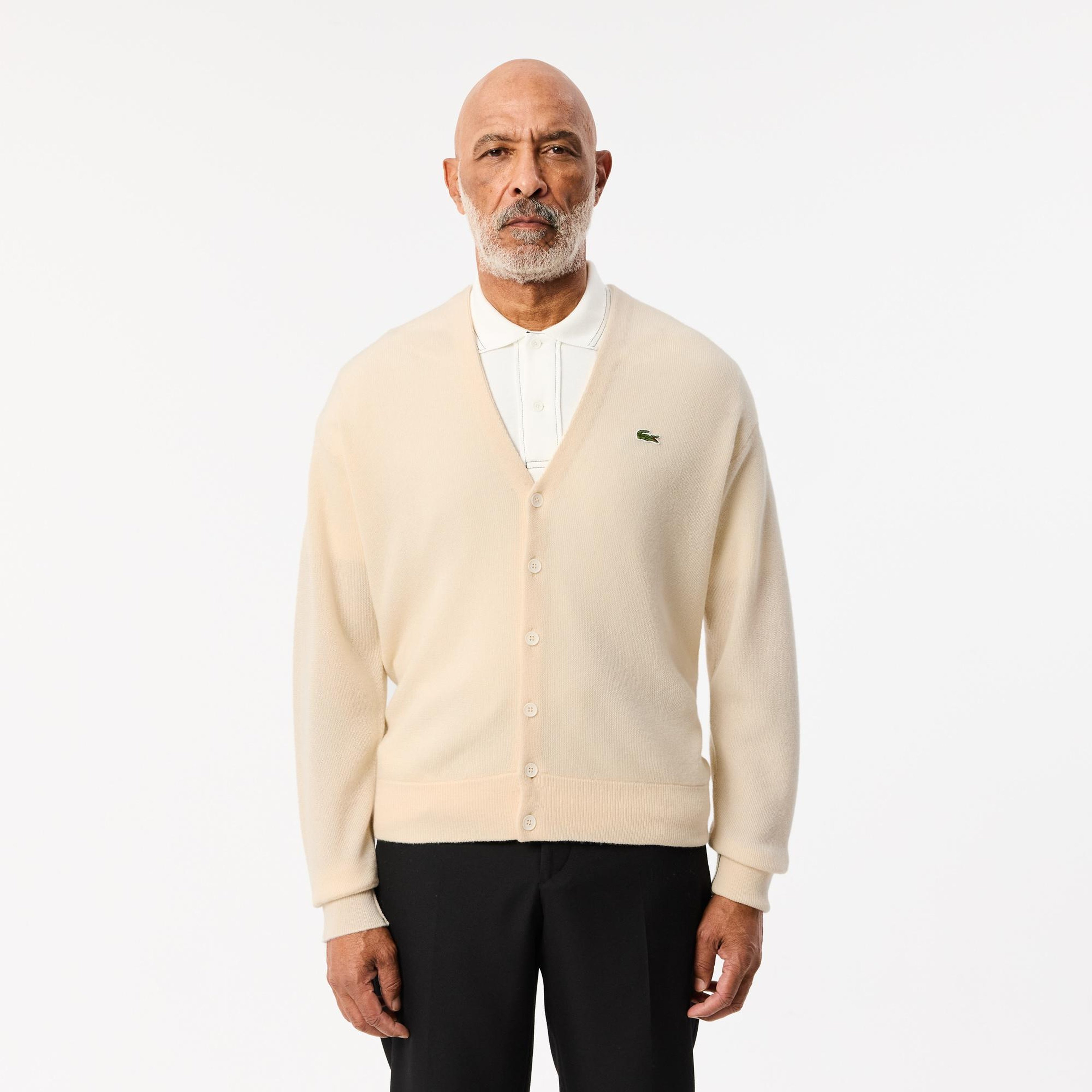 Erkek Relaxed Fit V Yaka Yün Krem Hırka