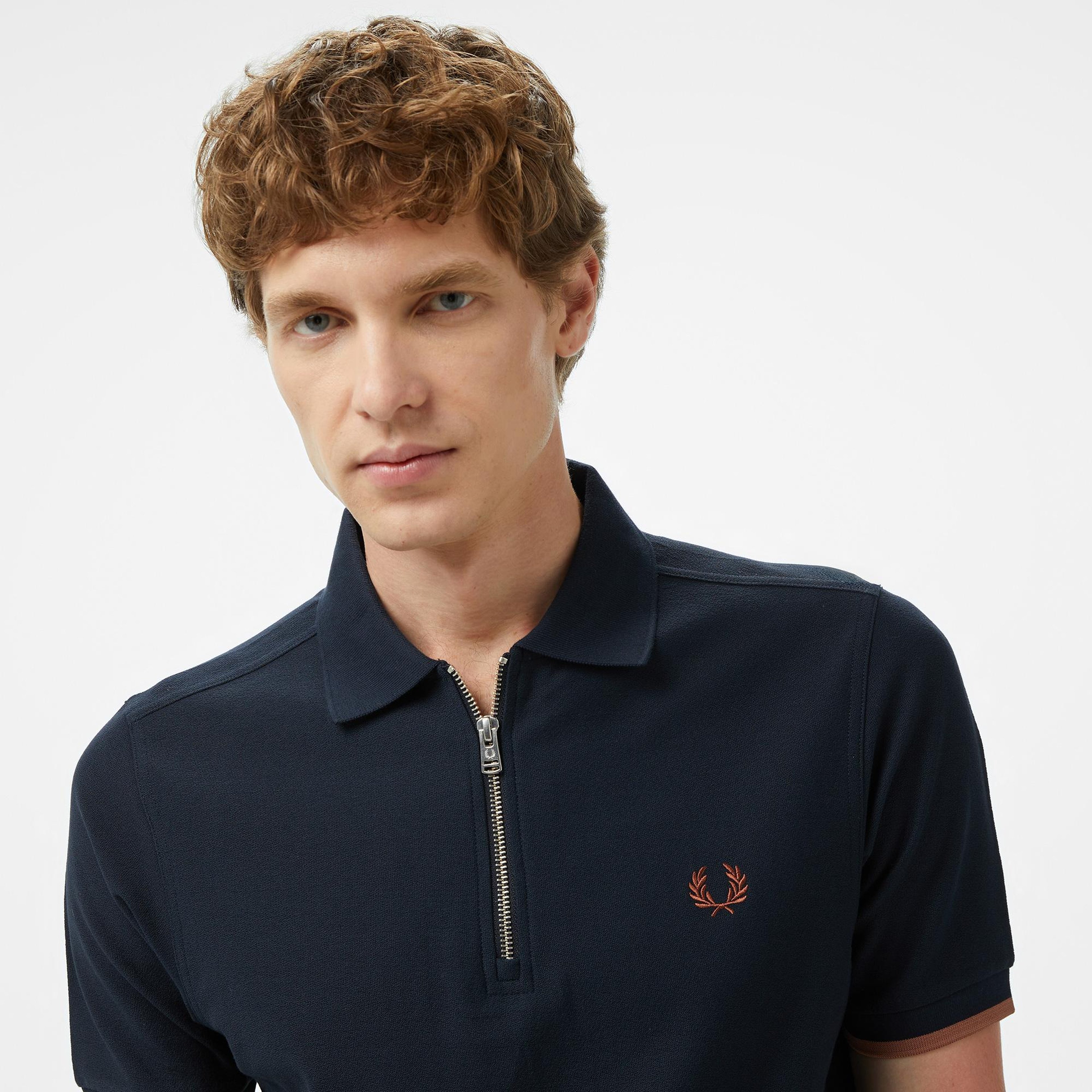 Fred Perry Crepe Pique Zip Neck Erkek Lacivert Polo