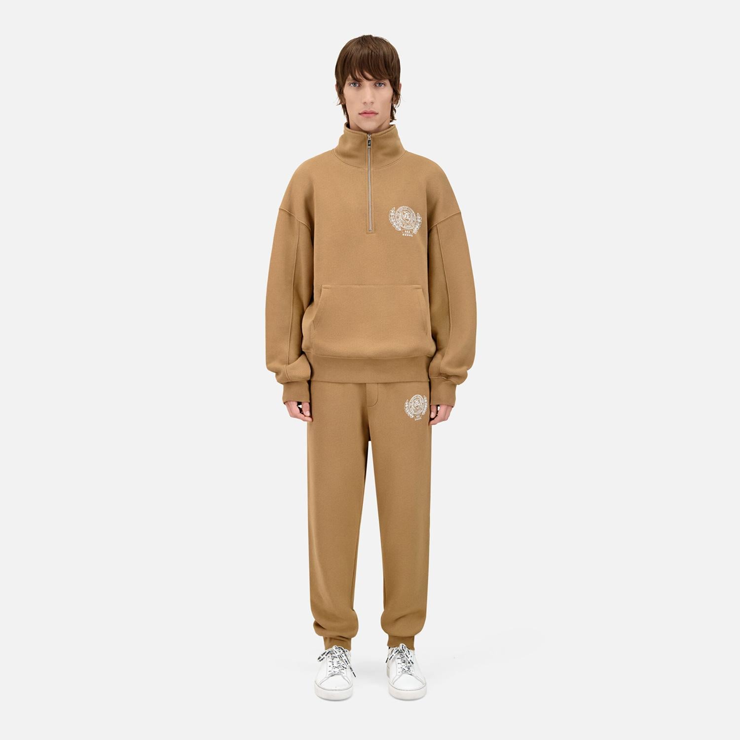 ERKEK BASKILI YARIM FERMUARLI BEJ SWEATSHIRT