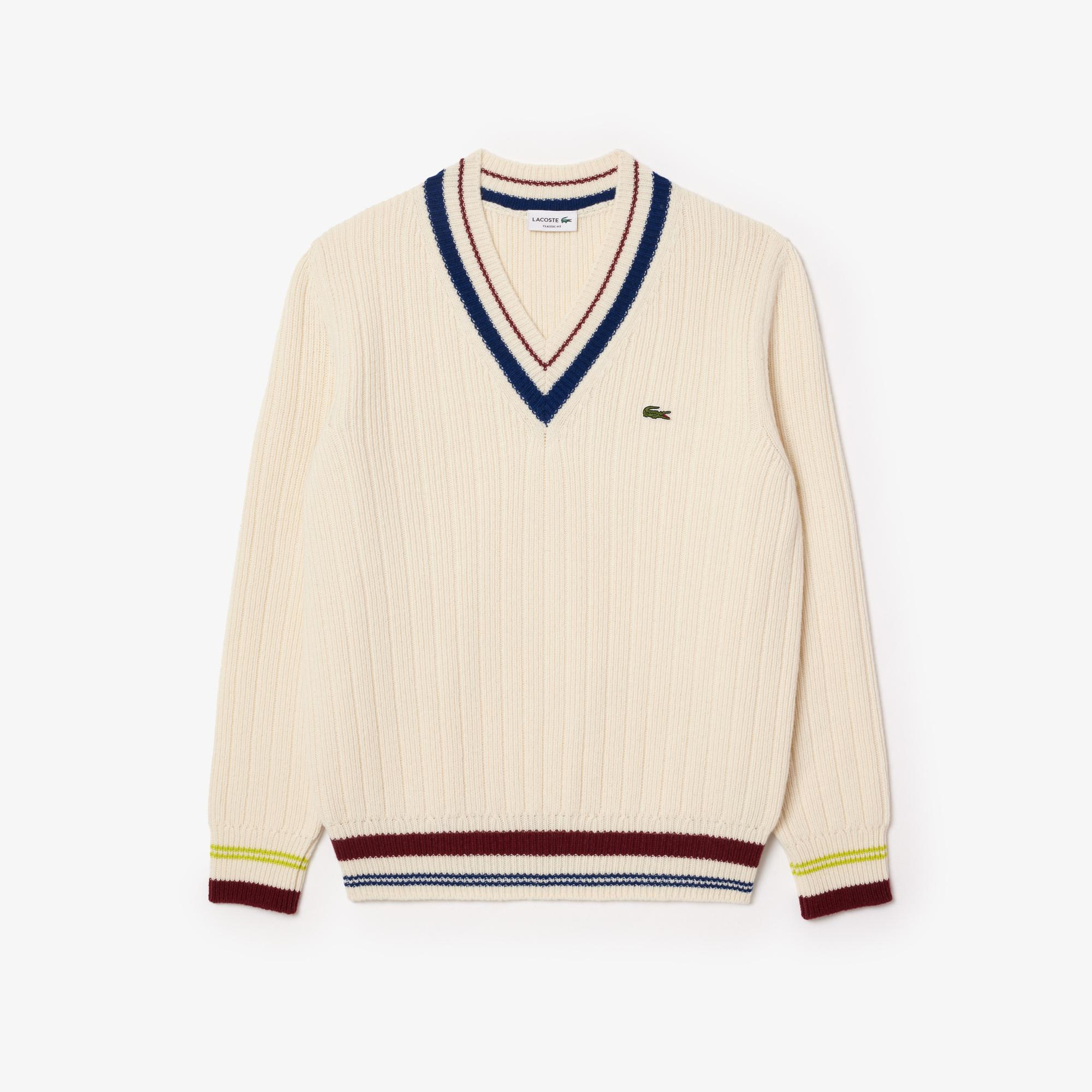 Erkek Classic Fit V Yaka Yün Krem Kazak
