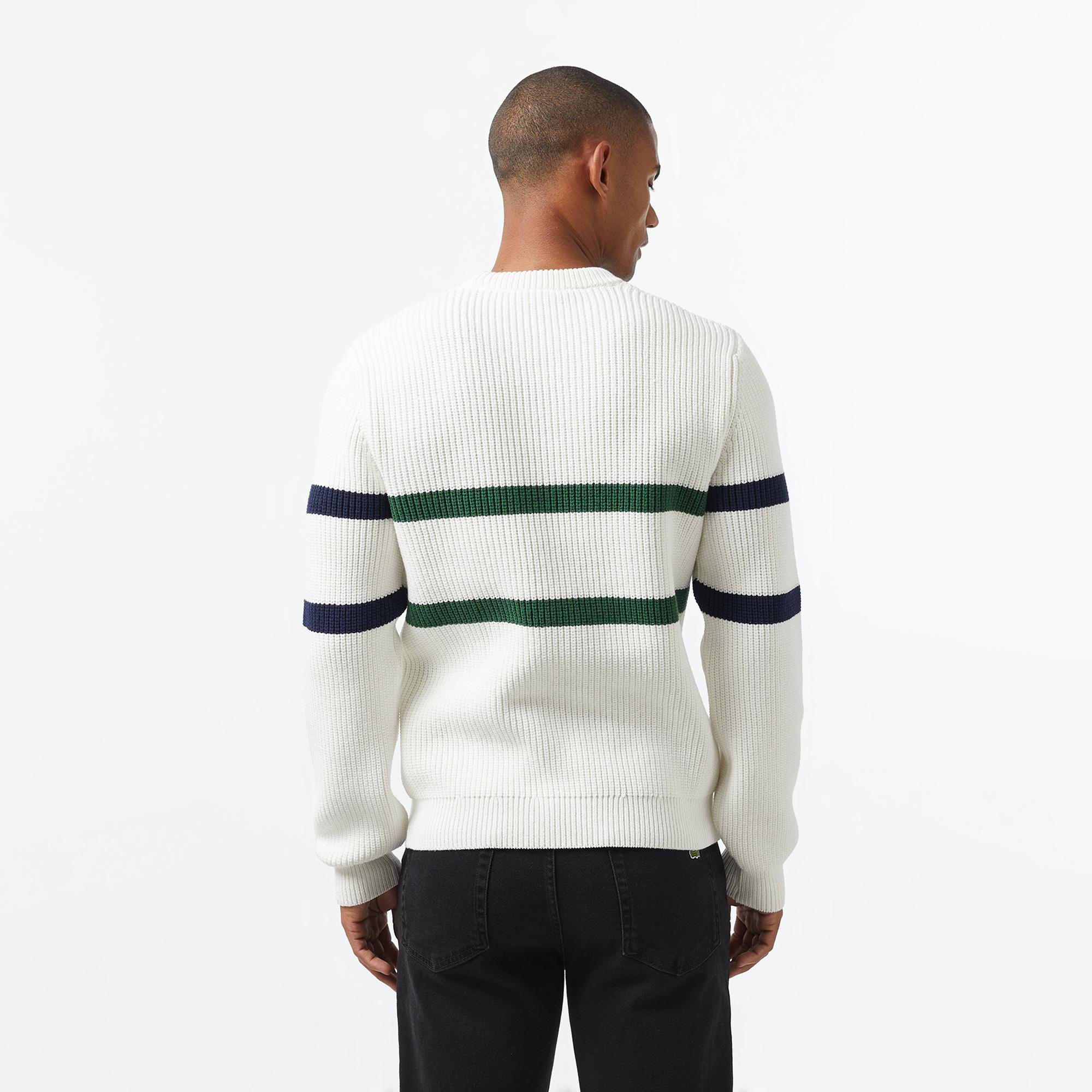 Erkek Relaxed Fit Bisiklet Yaka Çizgili Beyaz Kazak
