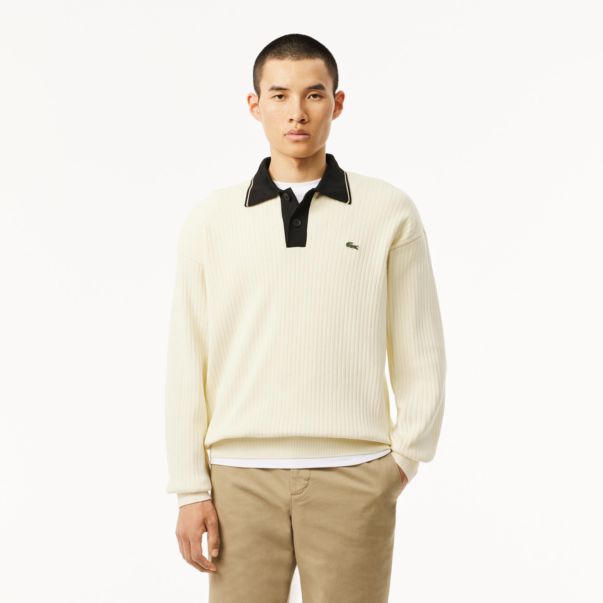 Erkek Relaxed Fit Polo Yaka Yün Krem Kazak