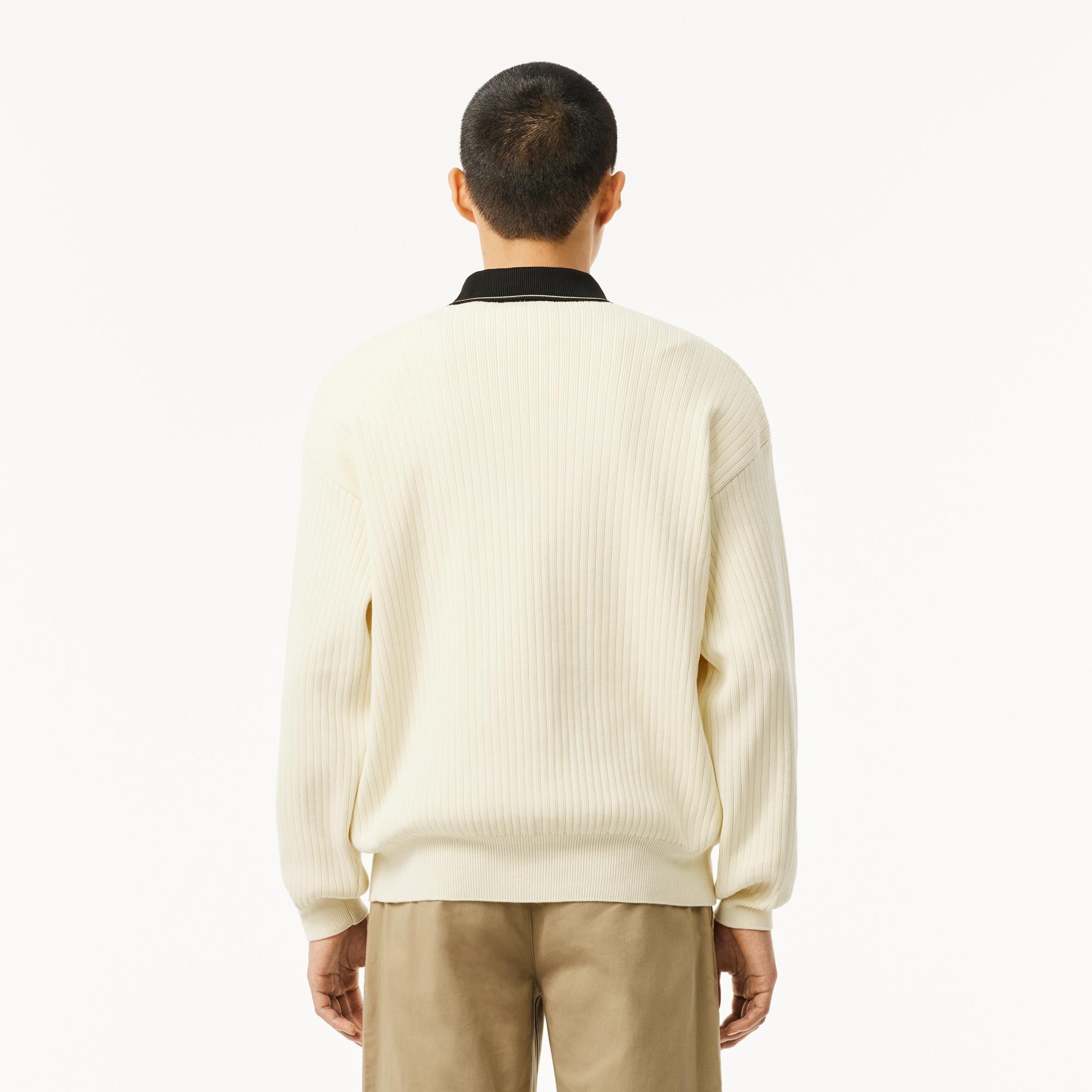Erkek Relaxed Fit Polo Yaka Yün Krem Kazak