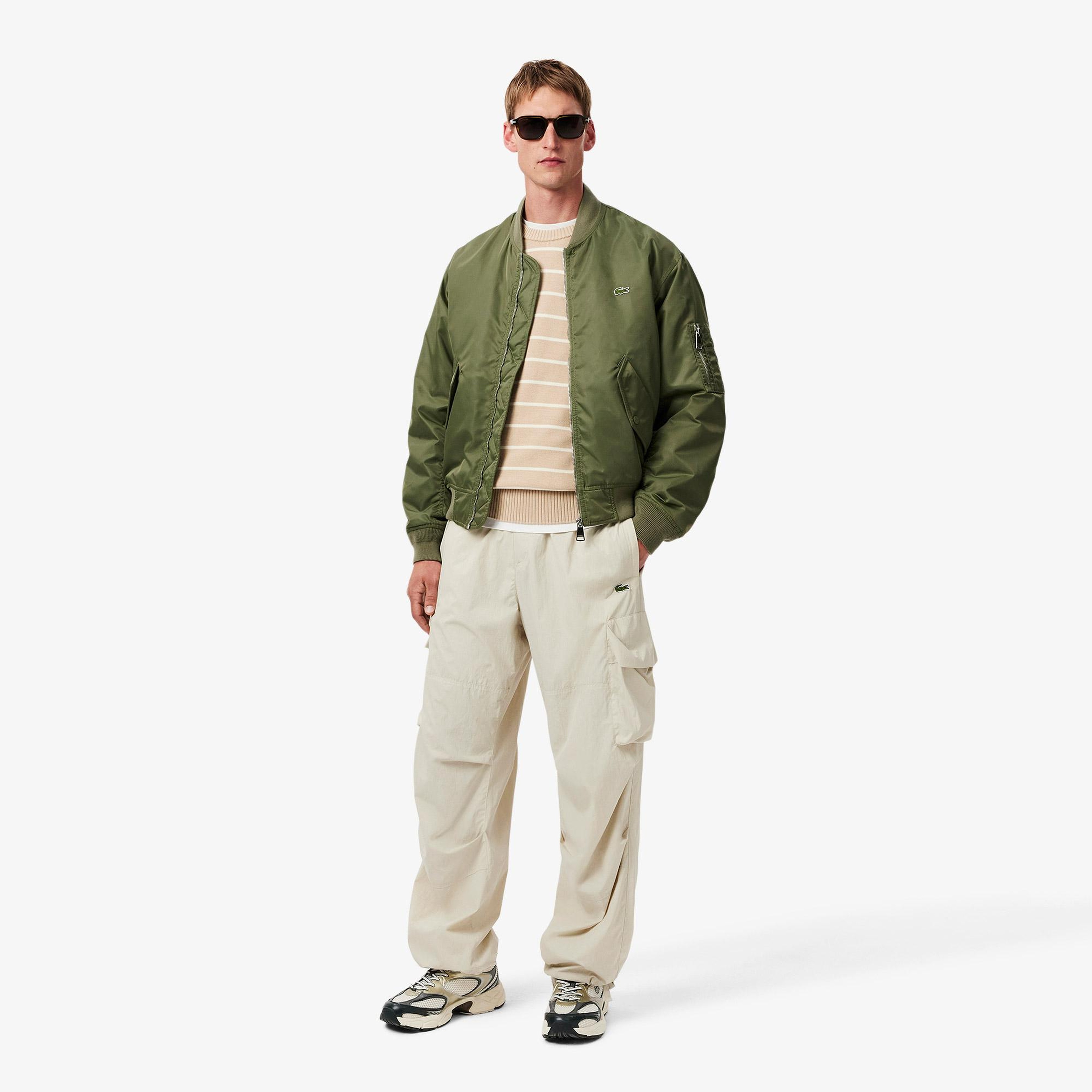 Erkek Classic Fit Bisiklet Yaka Çizgili Bej Triko