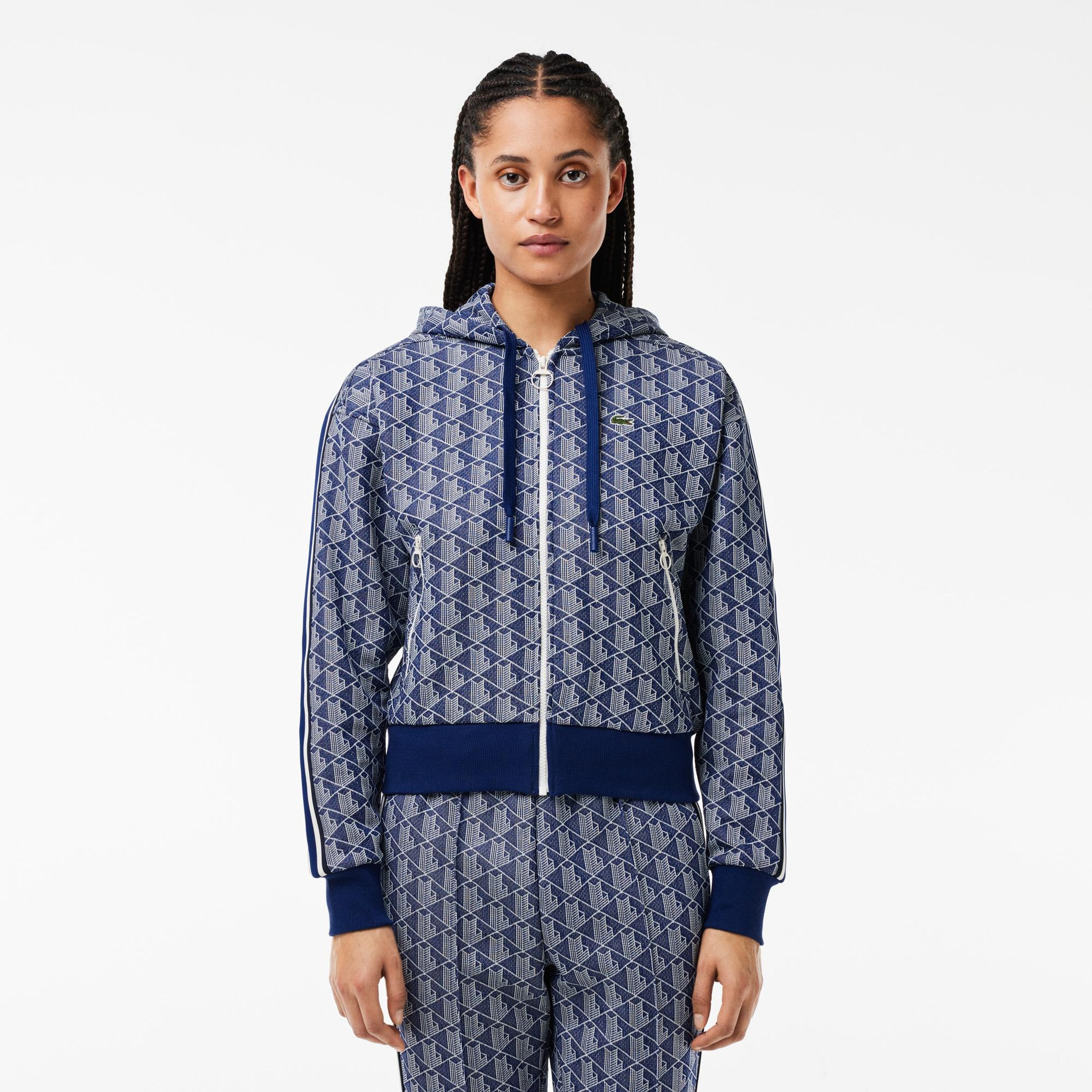 Kadın Regular Fit Kapüşonlu Monogram Mavi Sweatshirt