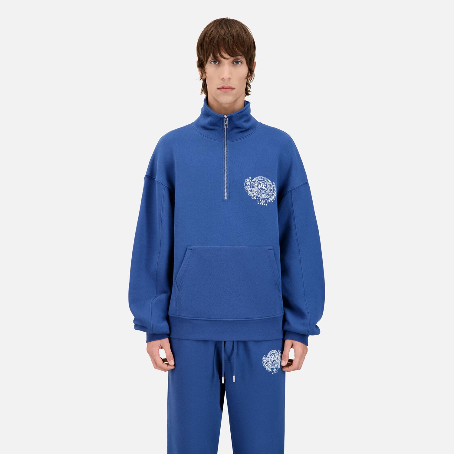 ERKEK BASKILI YARIM FERMUARLI MAVİ SWEATSHIRT